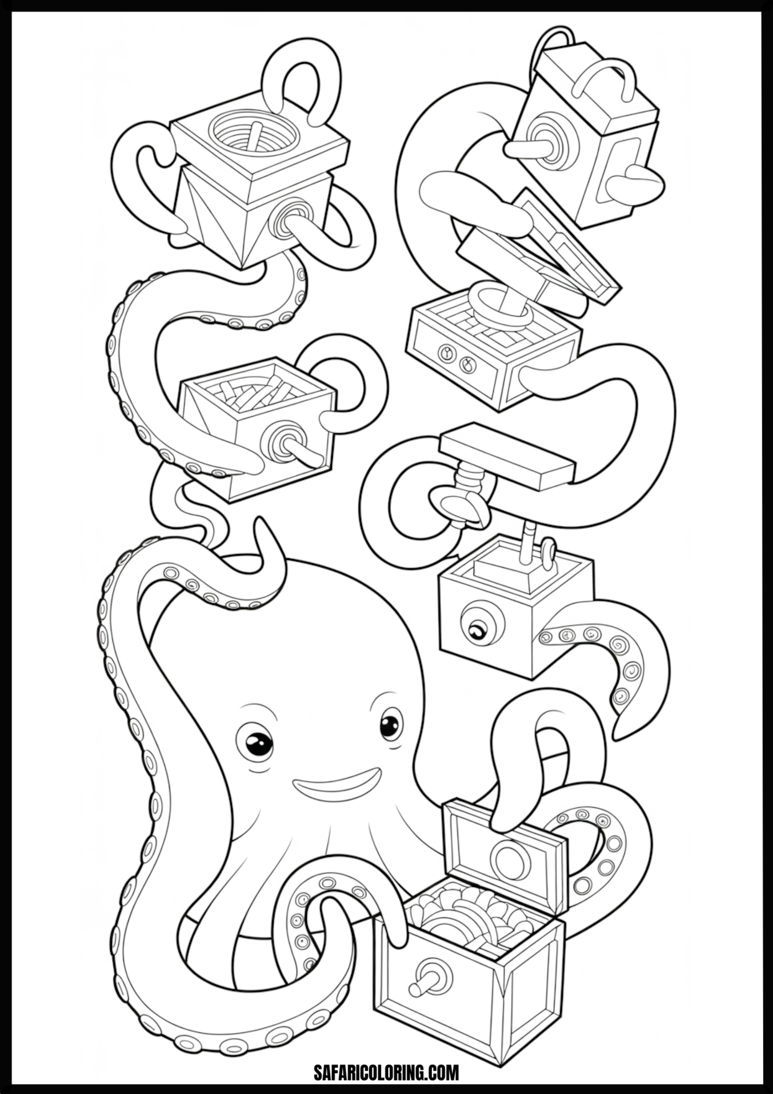 Smiling Octopus Plays With Treasure & Puzzle Boxes Printable Coloring Sheet An outline drawing of a octopus treasure chest puzzle for coloring.