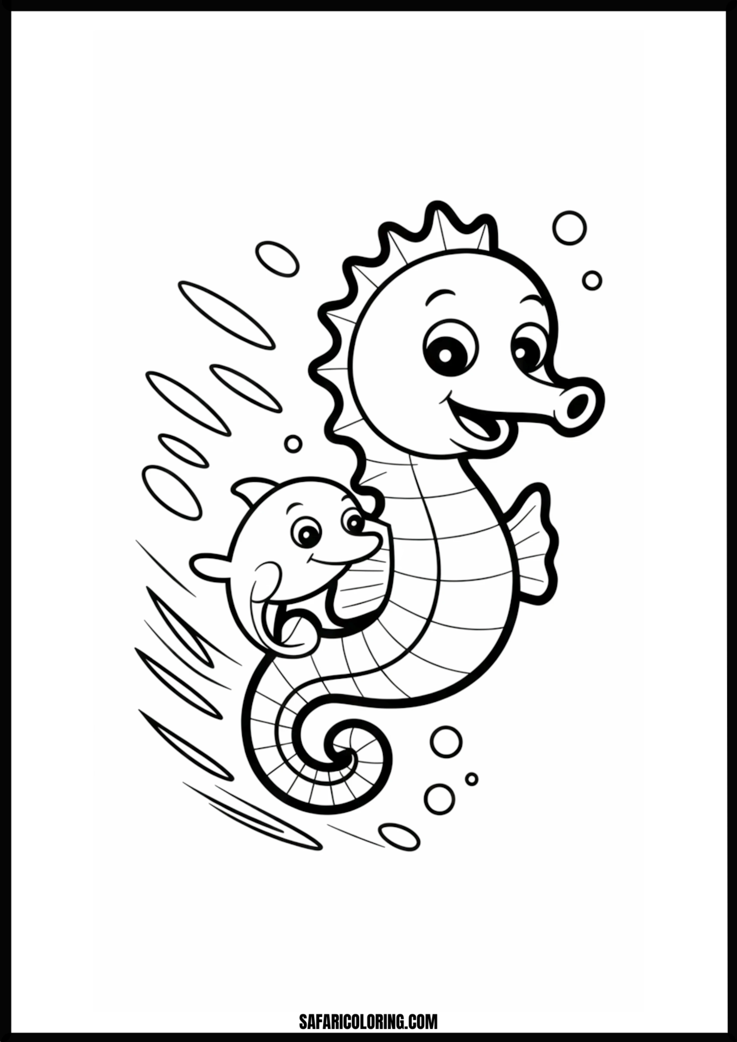Printable Seahorse and Dolphin Friends Coloring page of a smiling seahorse and a dolphin swimming together.