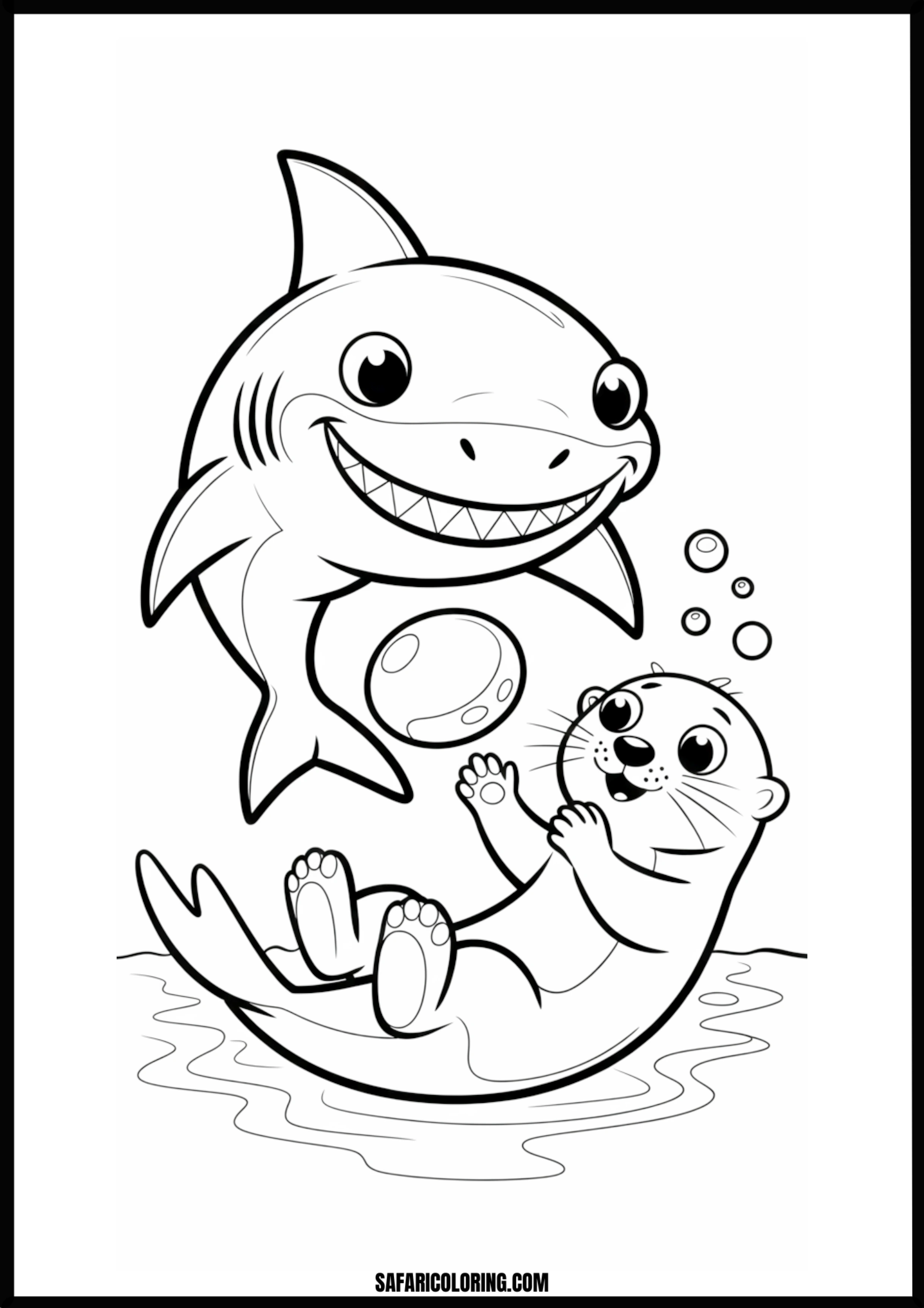 Smiling Shark and Otter Playtime Coloring Page Smiling shark and otter during playtime