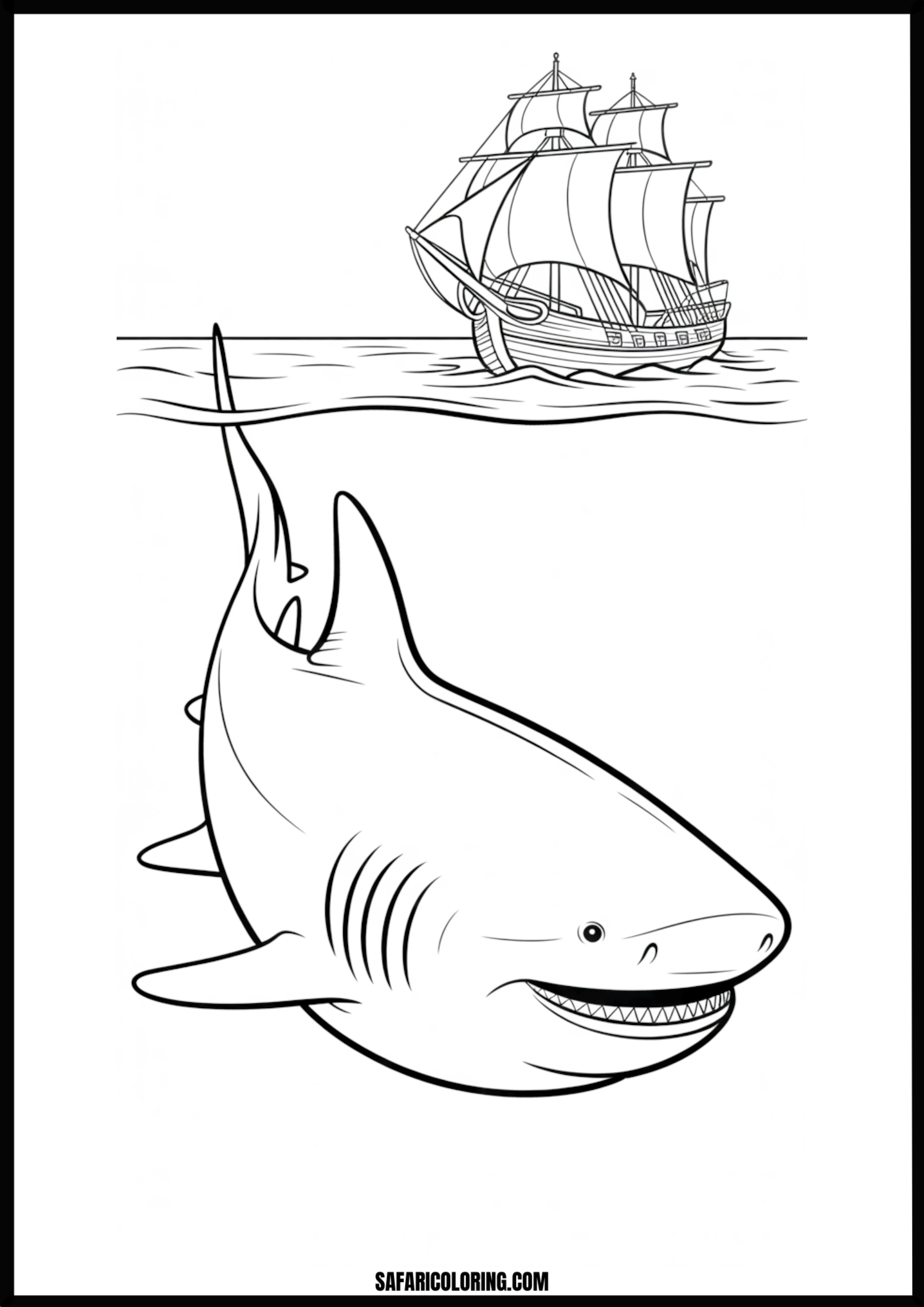 Smiling Shark Below a Tall Ship Coloring Page Smiling shark swimming below a tall ship