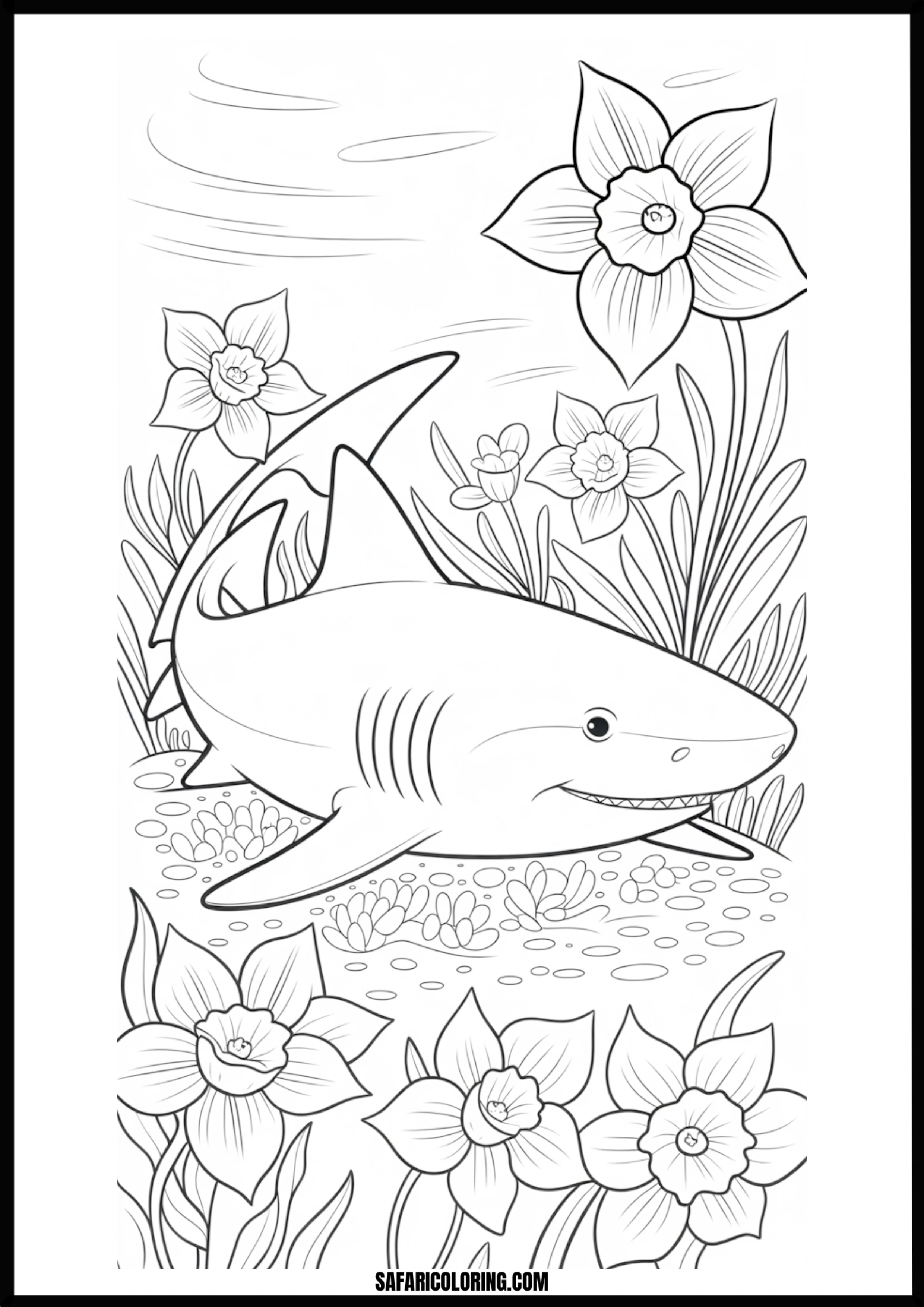 Smiling Shark with Daffodils Coloring Page Smiling shark surrounded by daffodils