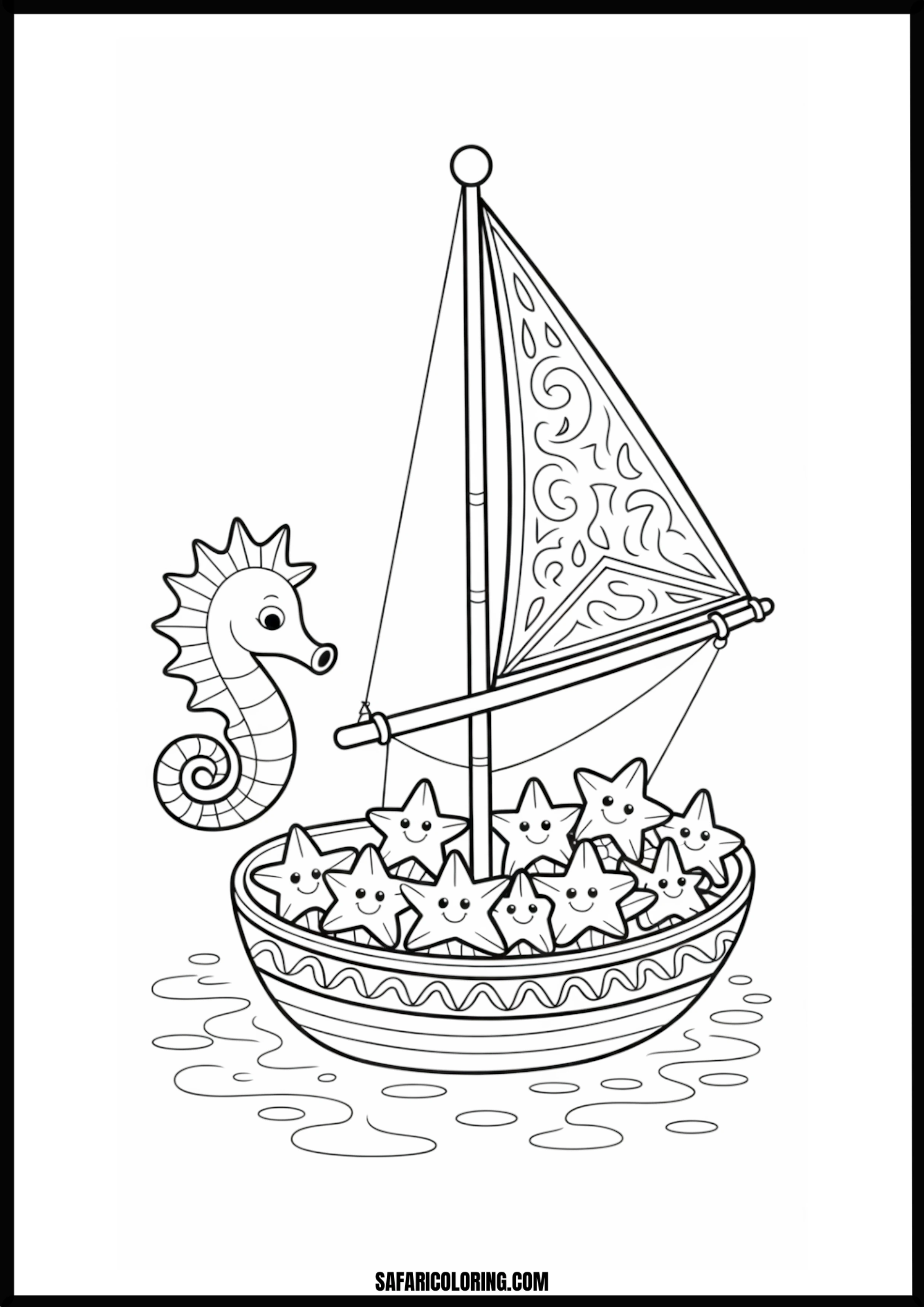 Printable Starfish and Seahorse Sailboat Coloring page of a smiling starfish and seahorse on a sailboat.