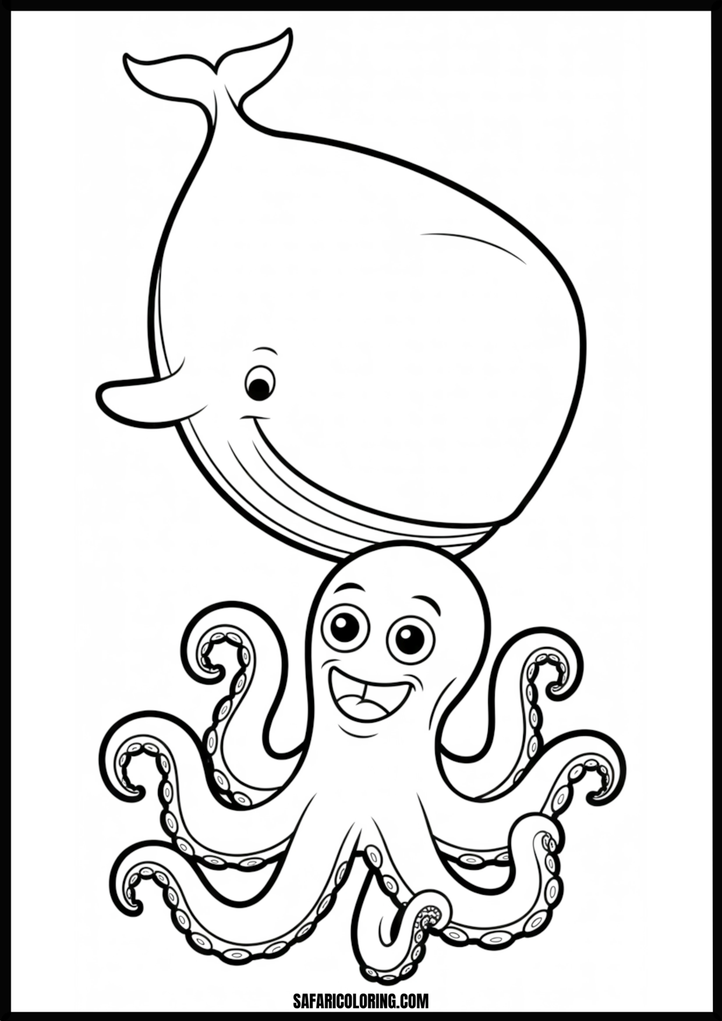 Smiling Whale and Octopus Playtime Coloring Page Coloring page of a smiling whale playing with an octopus.