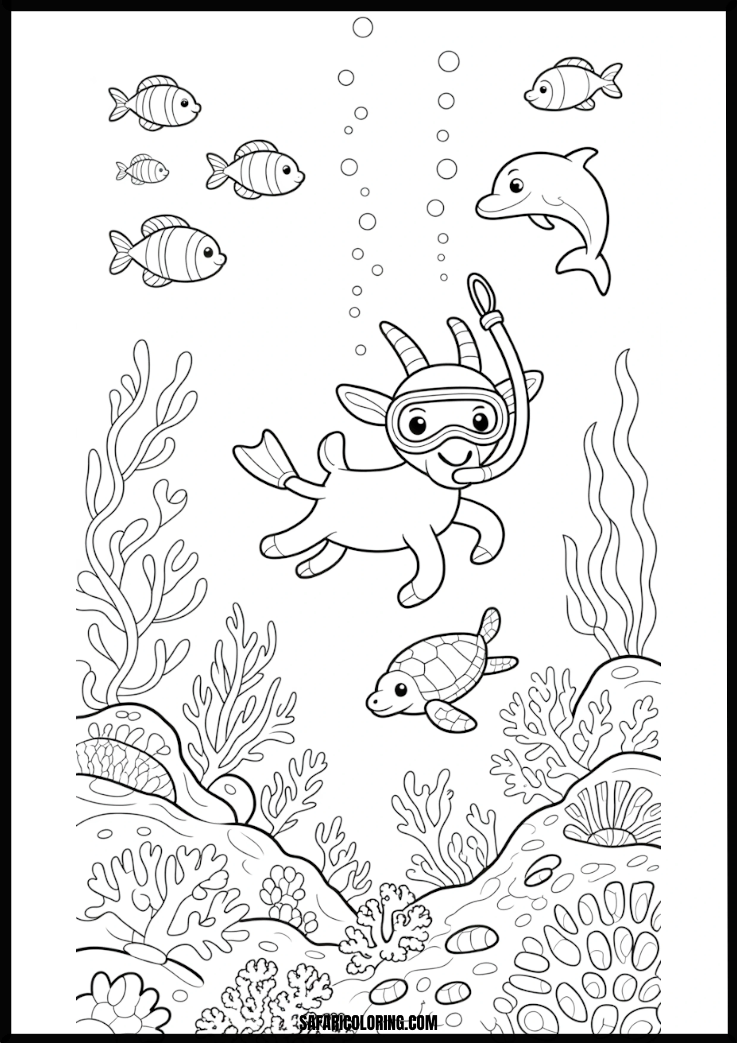 Cartoon snorkeling goat exploring a coral reef with fish.