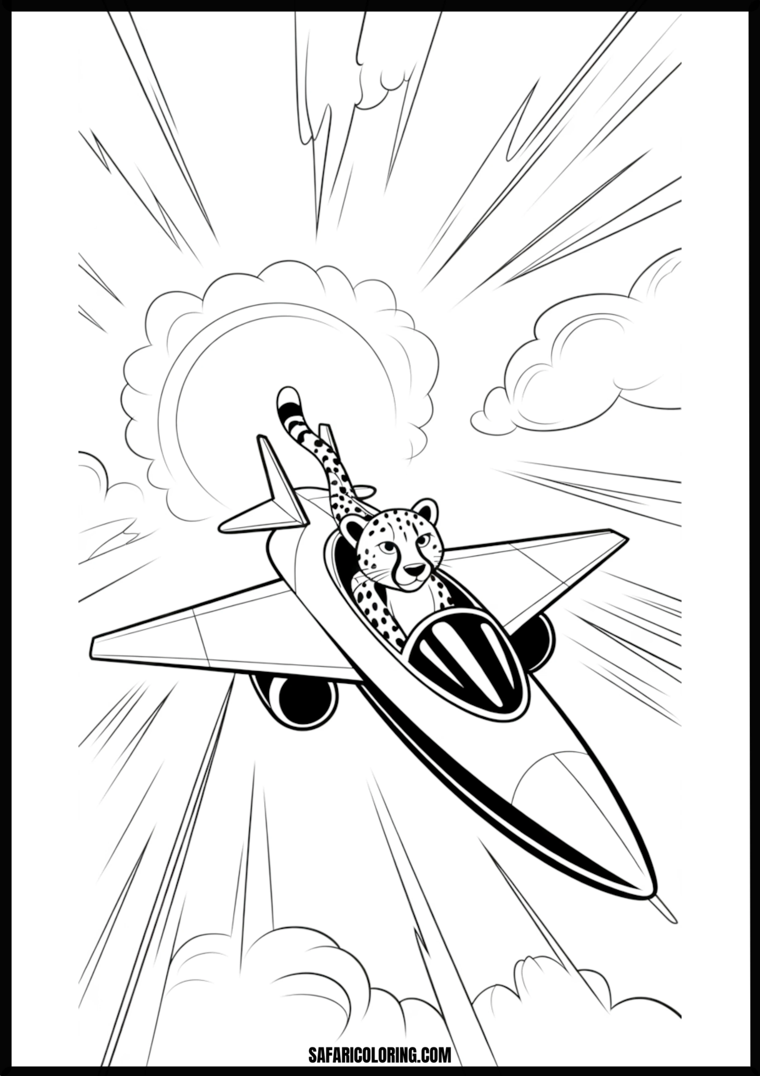 Cartoon cheetah wearing a pilot's helmet, flying a jet plane.