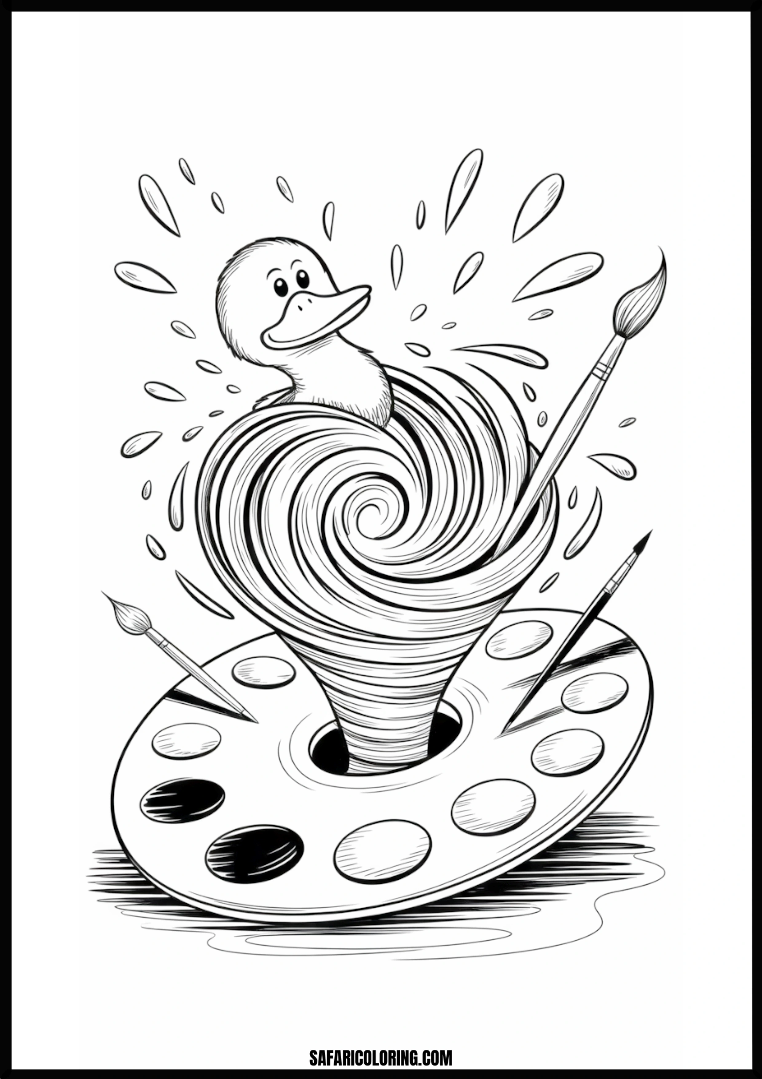 Splashing duck with an art palette and swirls of color.