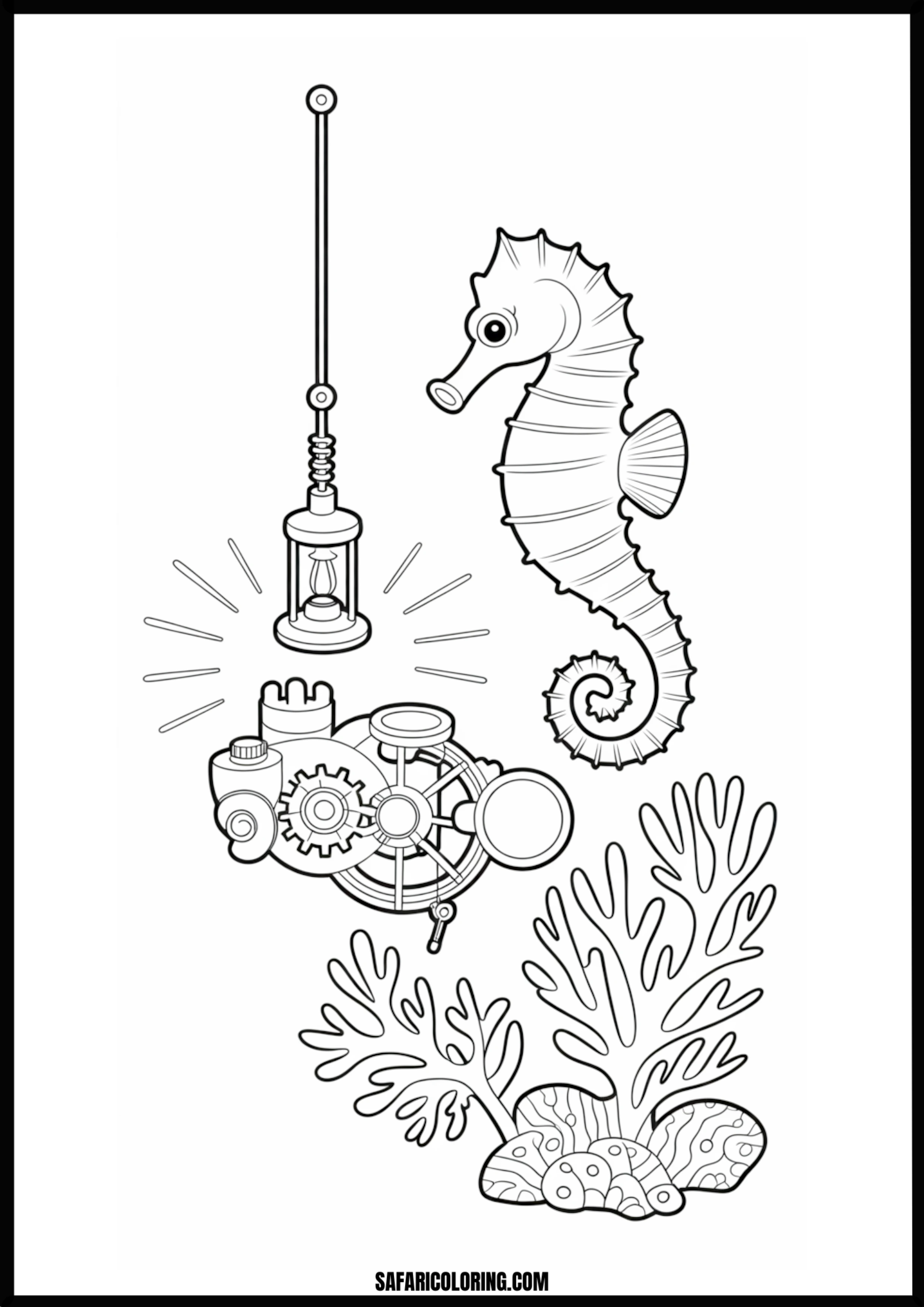 Printable Steampunk Seahorse Adventure Coloring page of a steampunk seahorse with a lantern and coral.