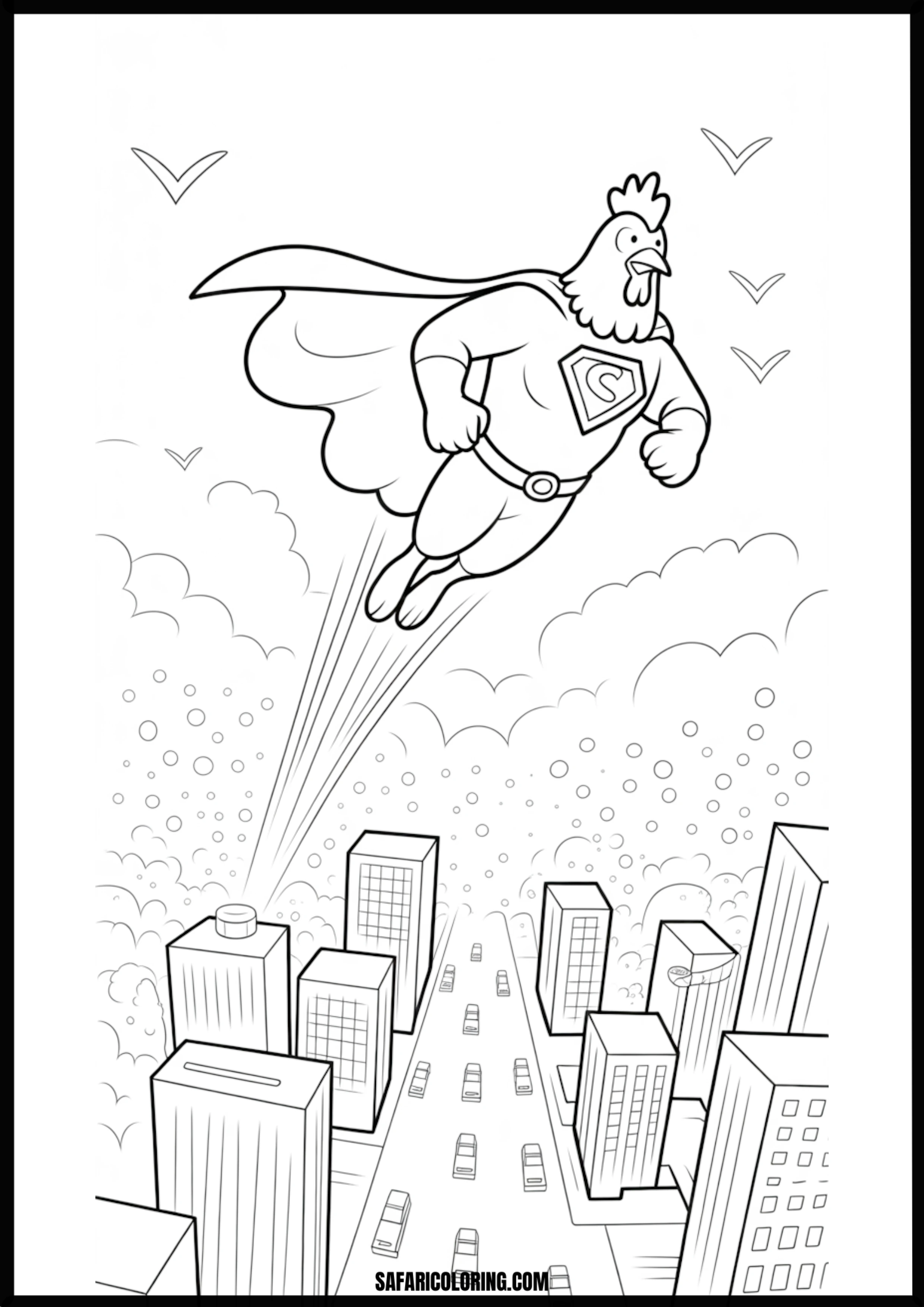 Super Chicken flying above city buildings