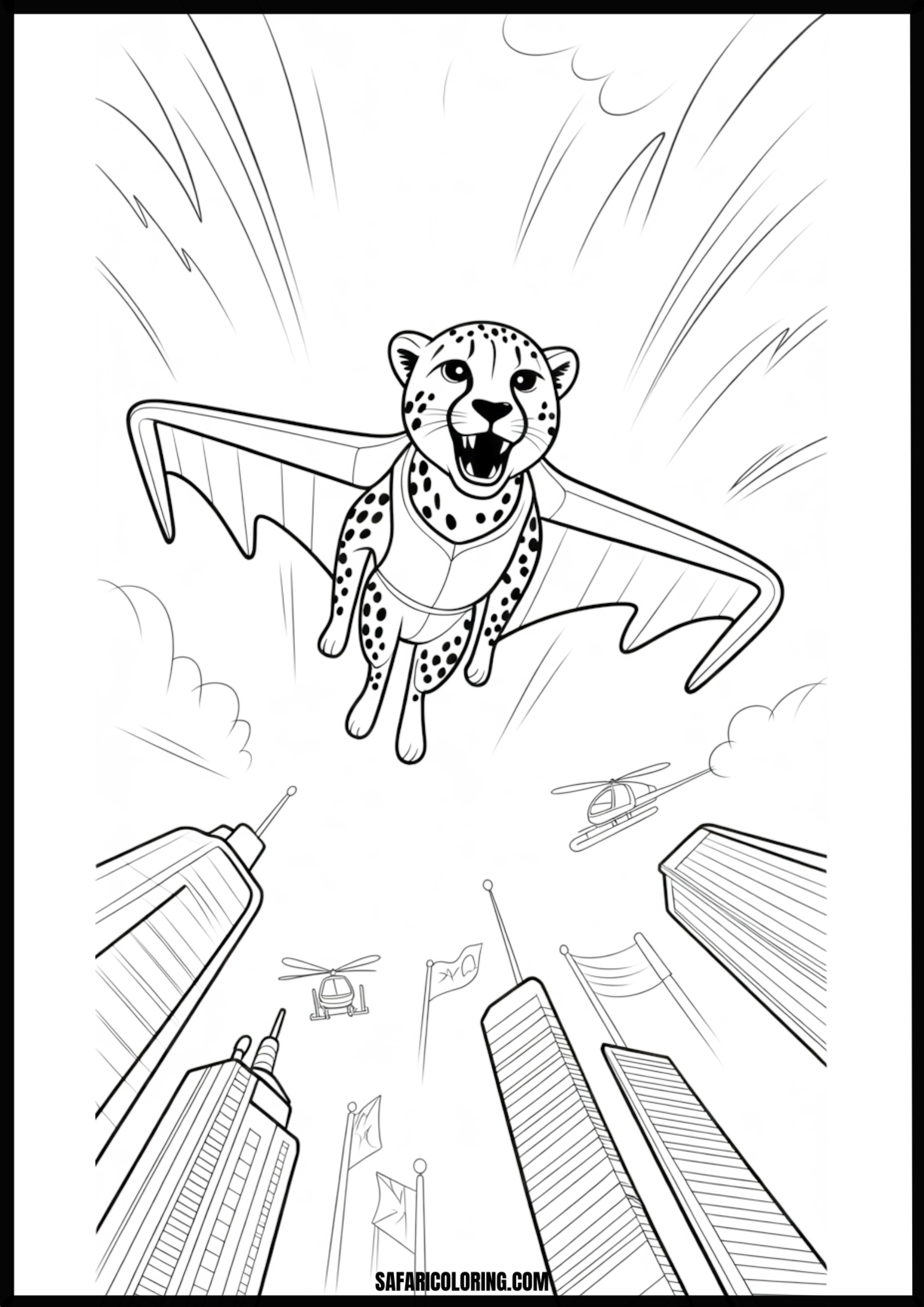 Cartoon superhero cheetah flying over a city with tall skyscrapers.