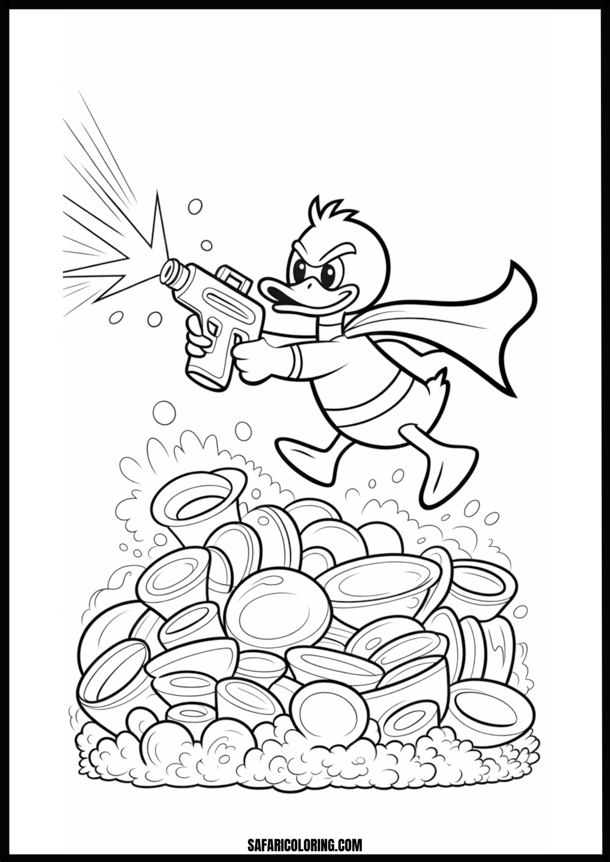 Superhero duck battling dirty dishes with a water gun.