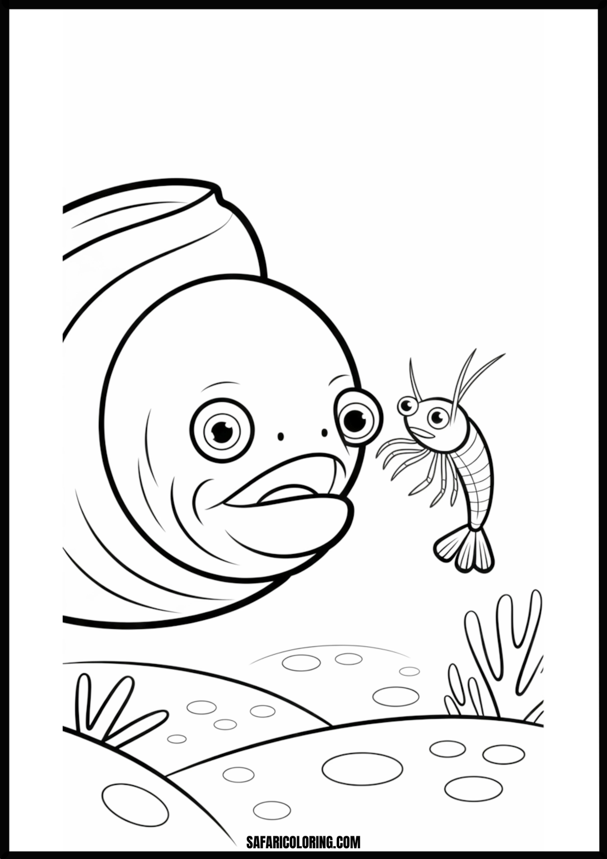 Surprised Fish and Shrimp Coloring Page A surprised fish and a shrimp reacting to something underwater.
