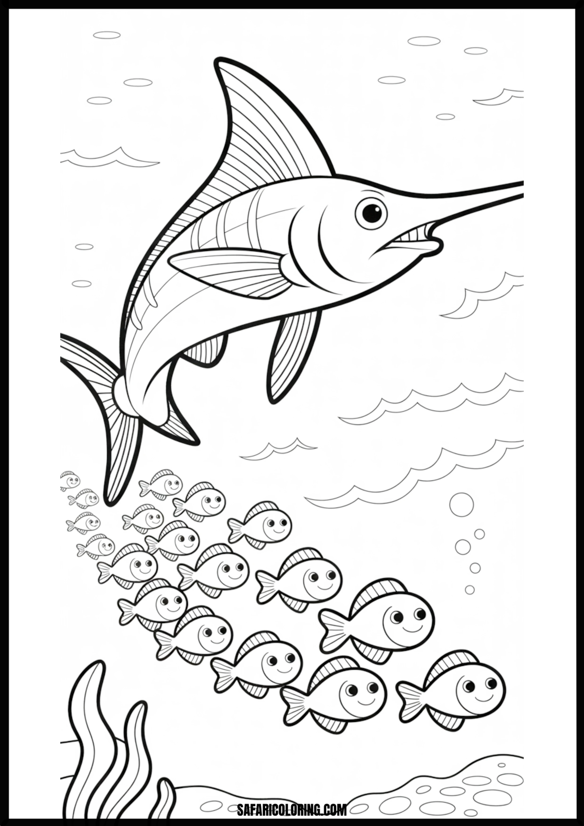 Swordfish and Small Fish Coloring Page A powerful swordfish swimming gracefully with smaller fish.