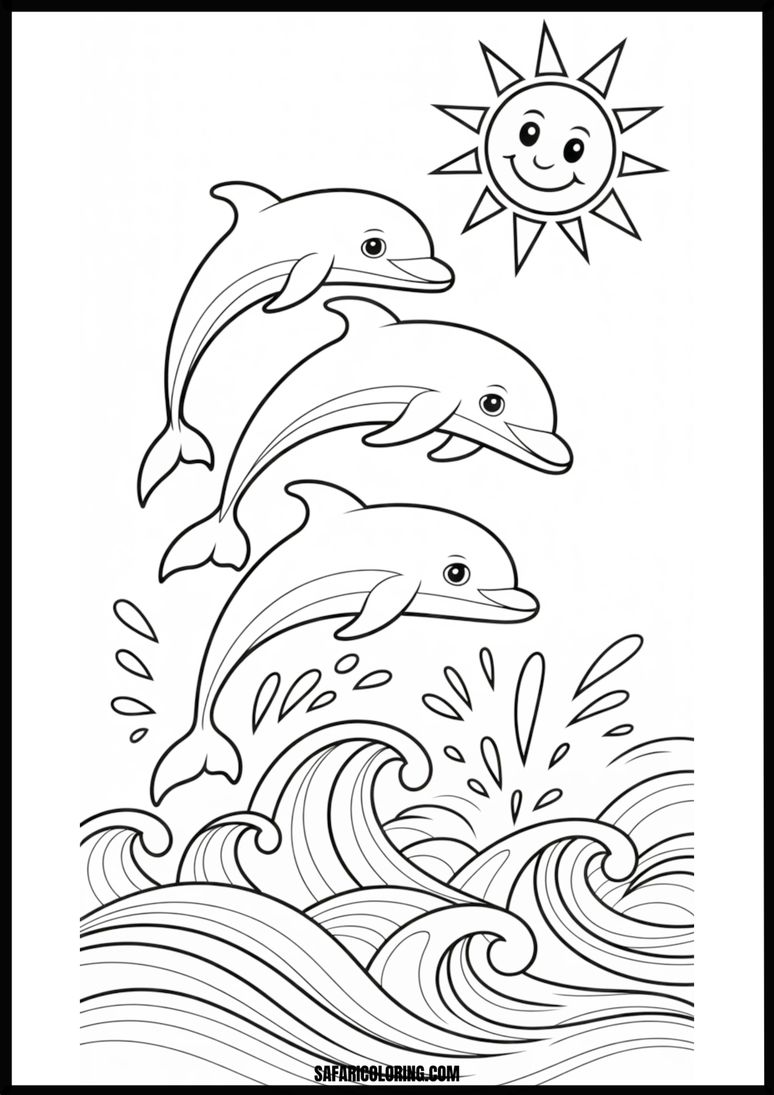 Three Dolphins Jumping in Waves with Smiling Sun Coloring Page Three dolphins joyfully jumping through ocean waves under a smiling sun.