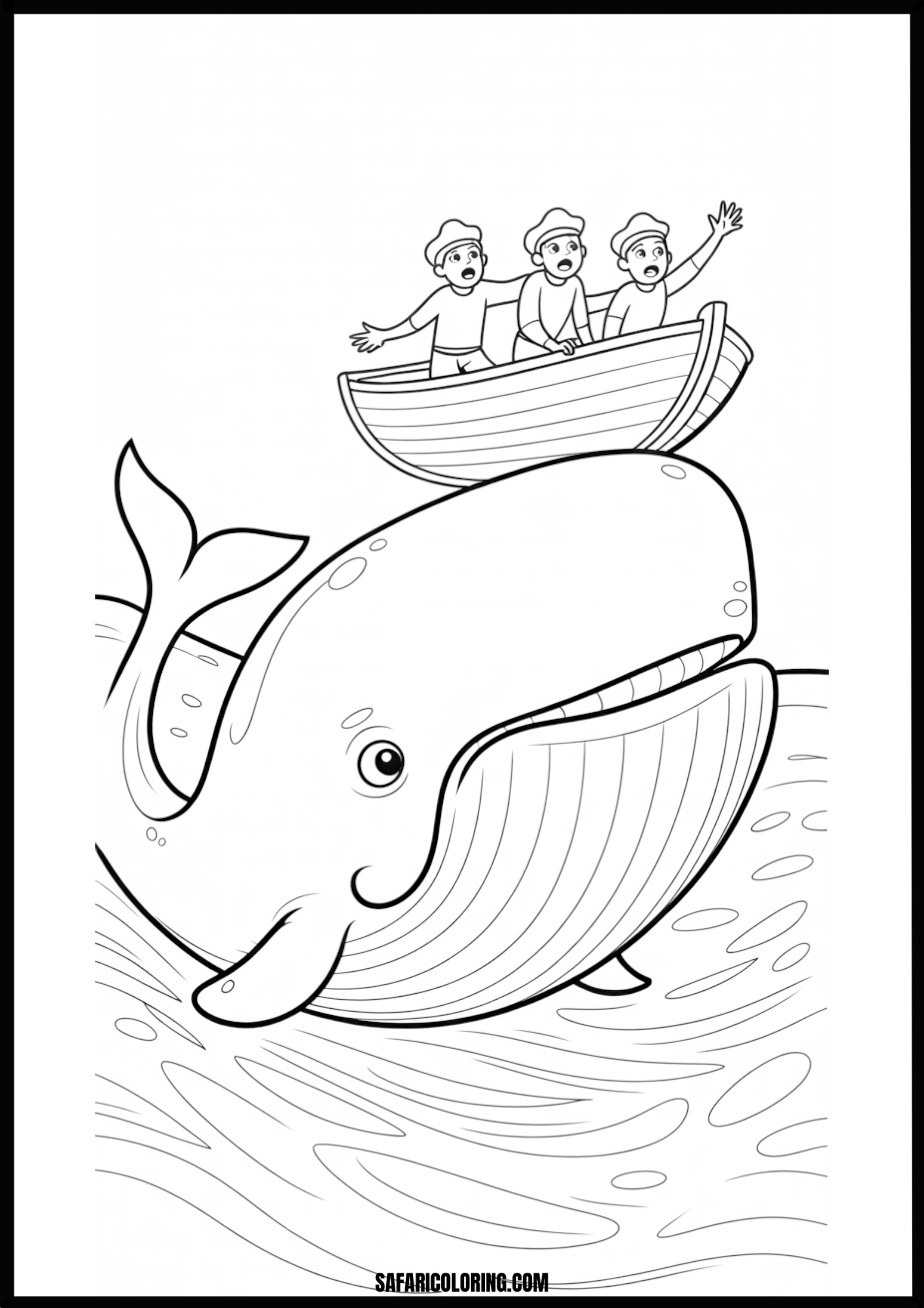 Adventurous People Riding a Friendly Whale Coloring Coloring page of three people riding a friendly whale.