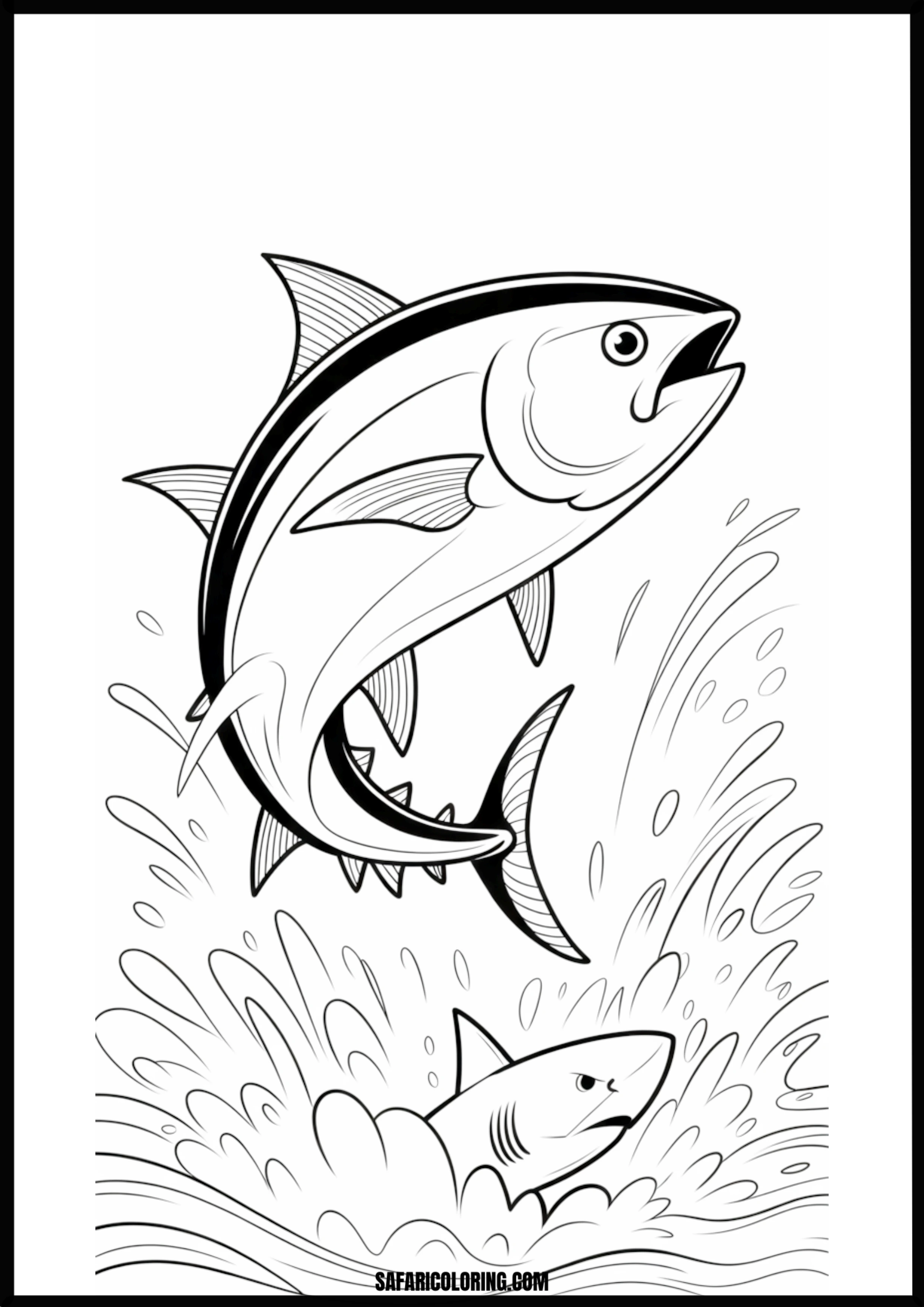 Tuna Jumping from Water Escaping Shark Coloring Page A tuna fish jumping out of the water to escape a pursuing shark.