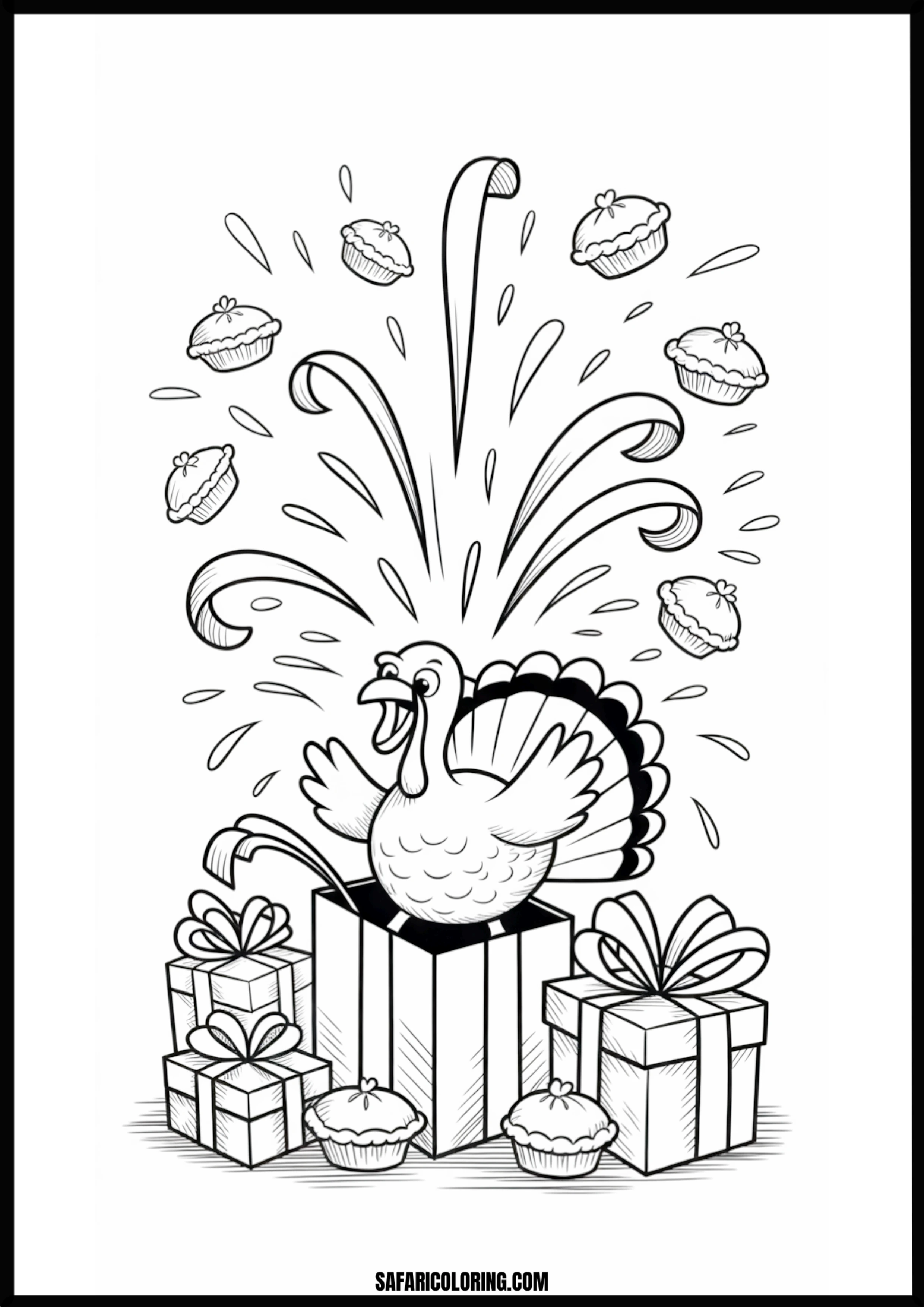 Turkey emerging from a gift box with flying pies