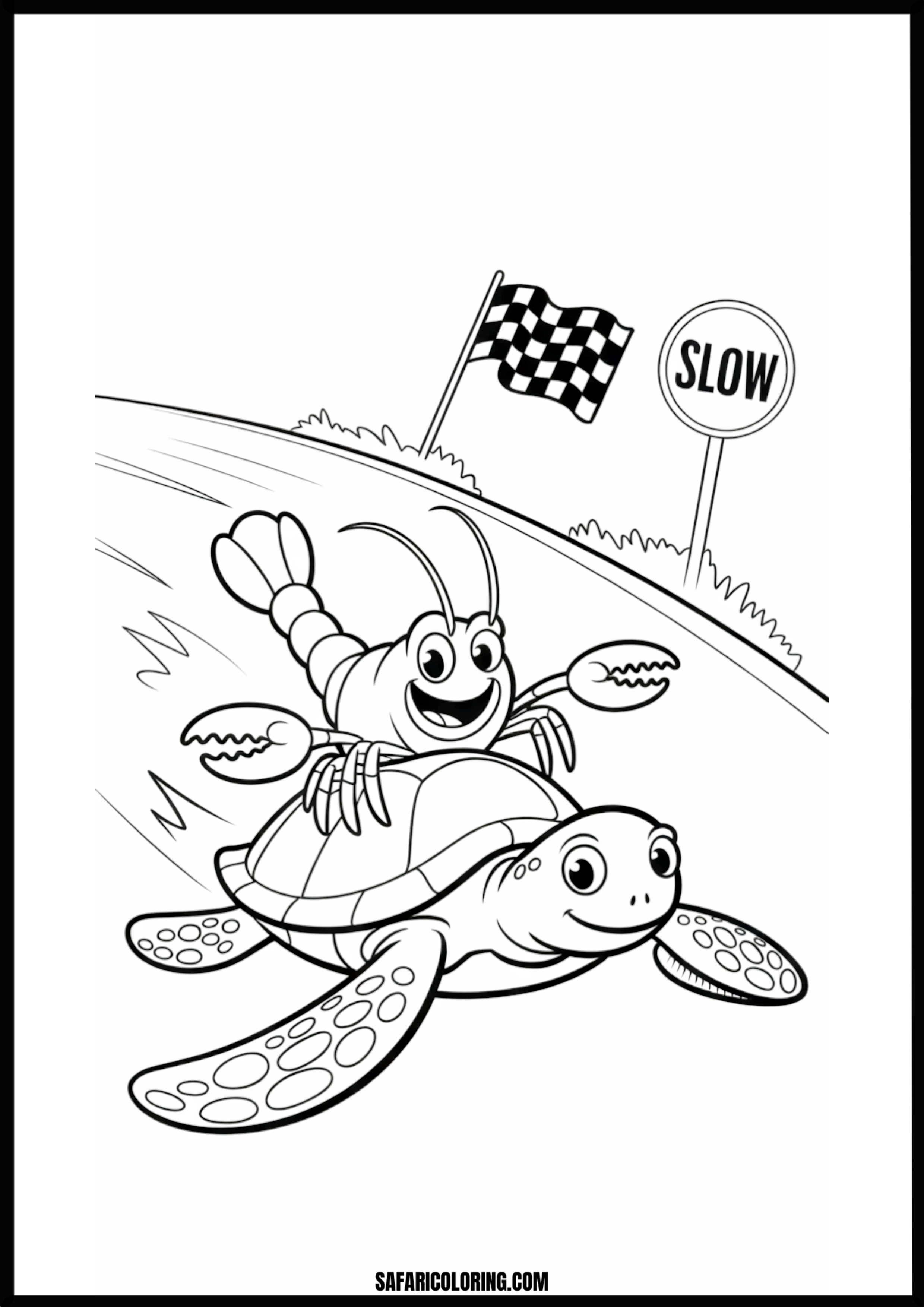 Color the Turtle and Shrimp Race A turtle and shrimp racing past a slow sign.