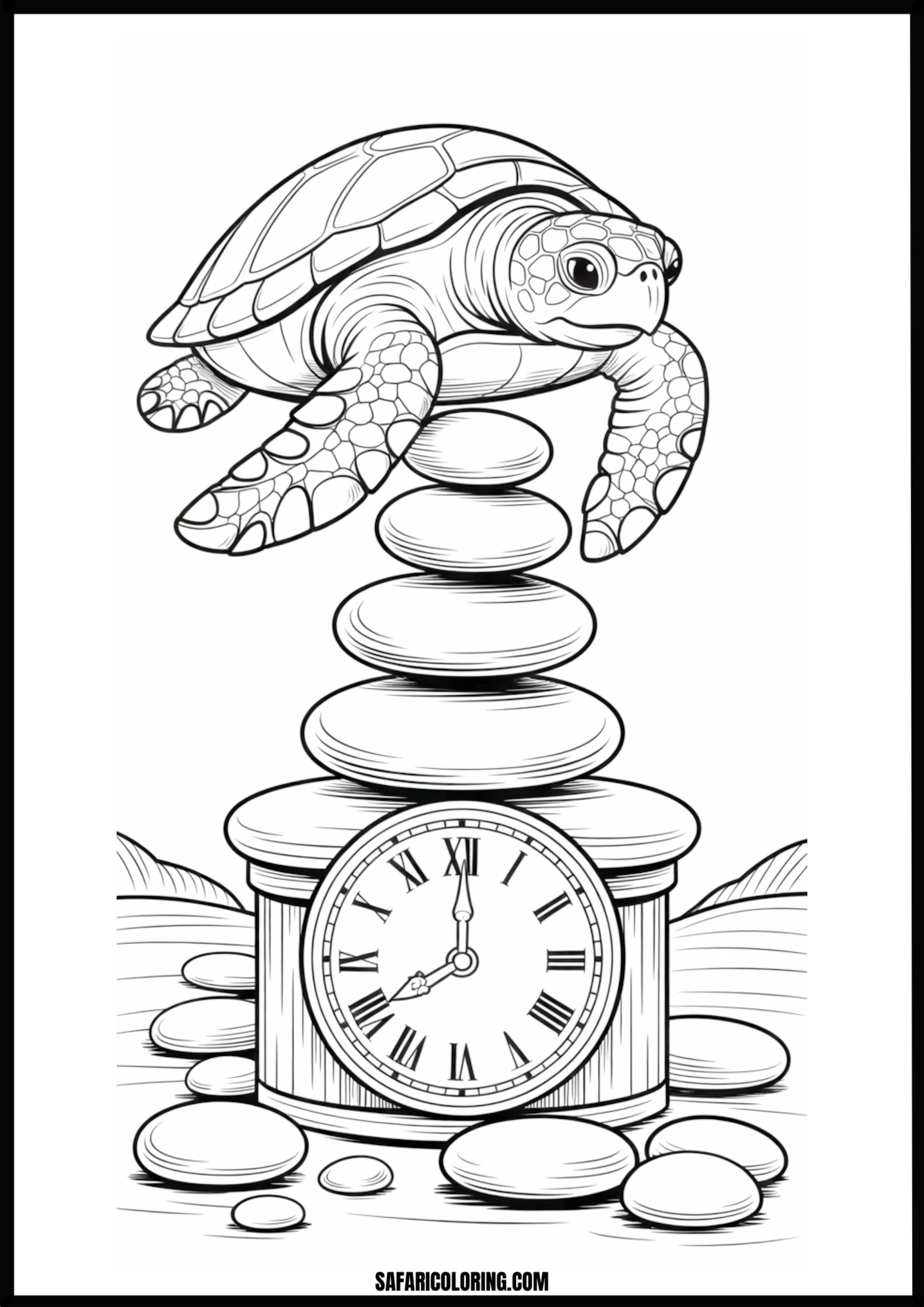 Zen Master Turtle Turtle balancing on a clock and zen stones