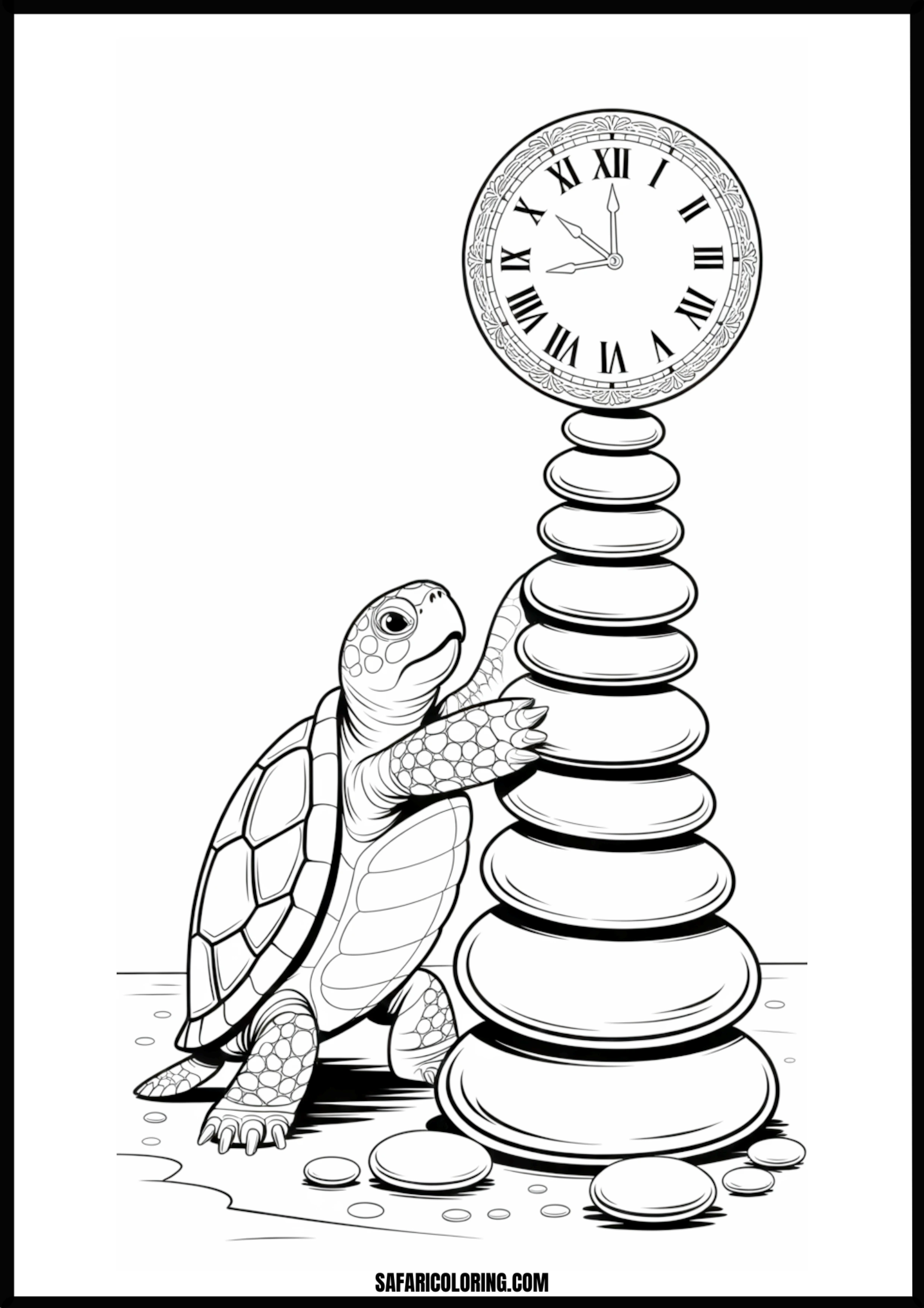 Relaxed Turtle Time Turtle leaning on a stone clock