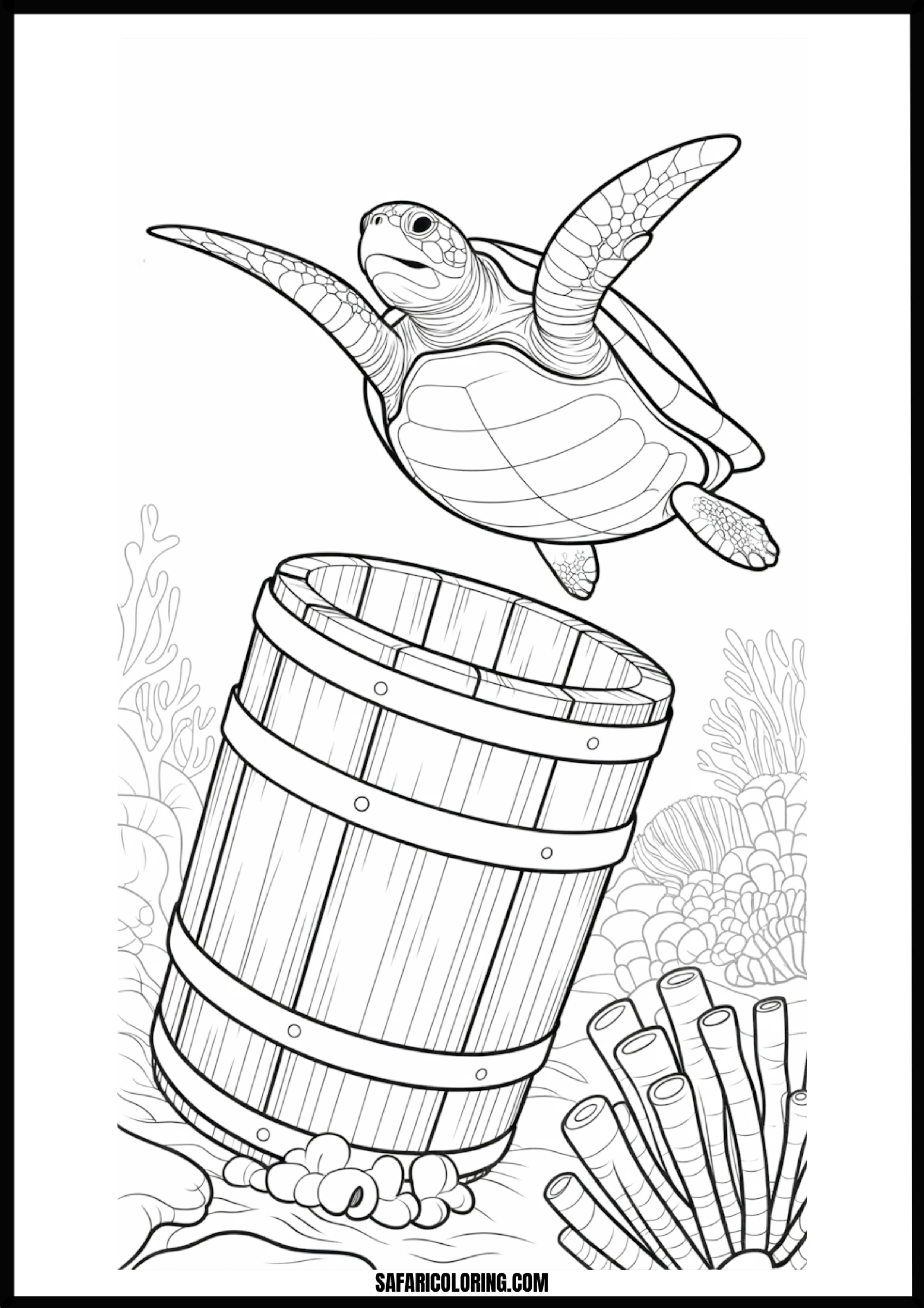 Underwater Explorer Turtle Turtle swimming past a sunken barrel underwater