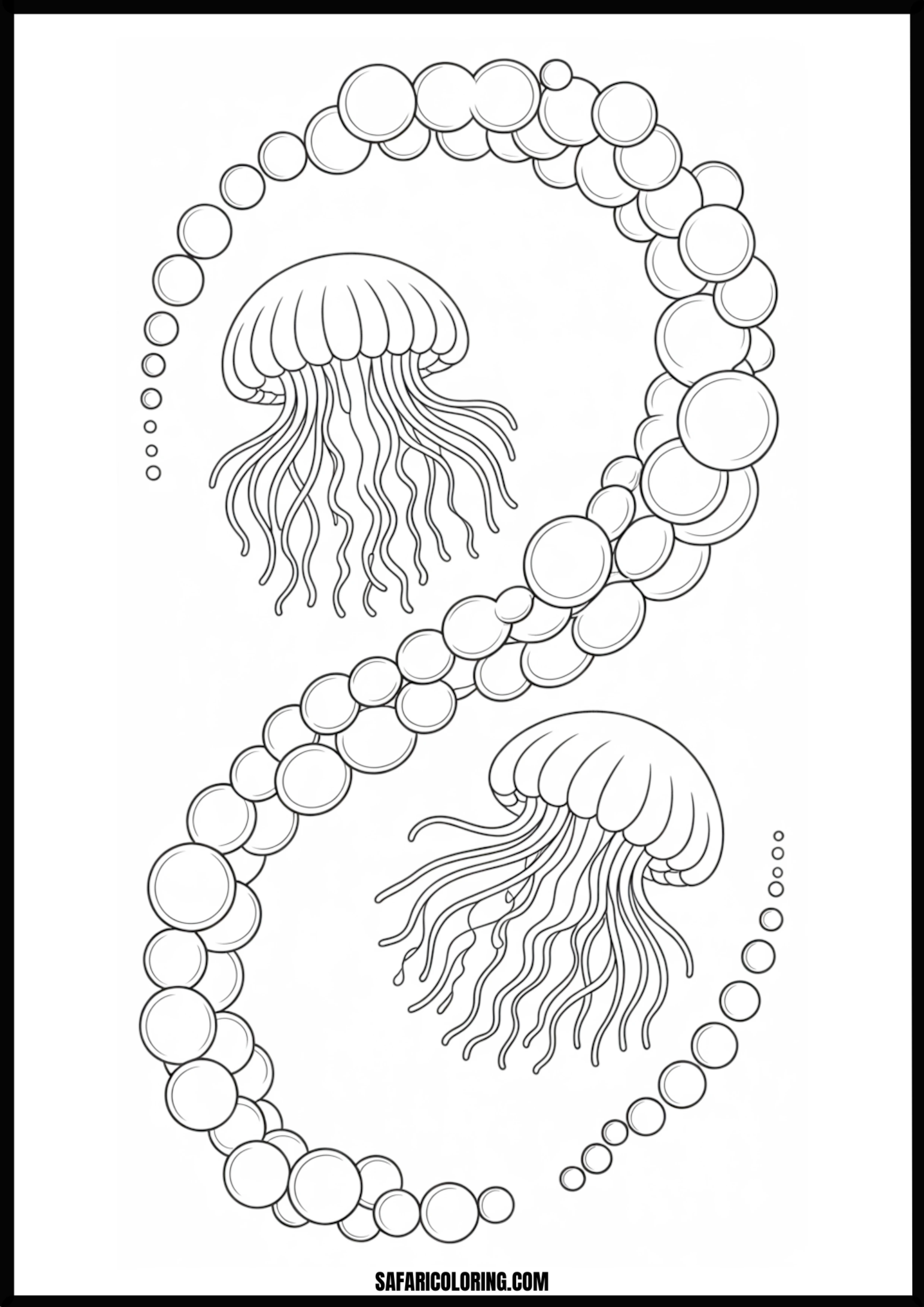 Two Jellyfish Bubbles Coloring Page Two cheerful jellyfish surrounded by numerous bubbles.