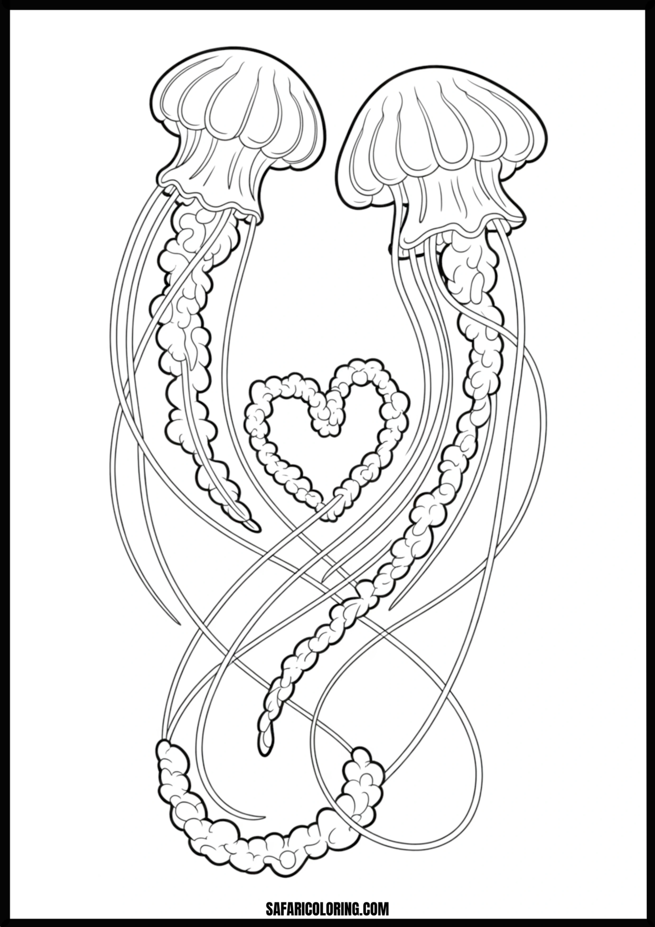 Two Jellyfish Heart Coloring Page Two jellyfish forming a heart shape with their tentacles.