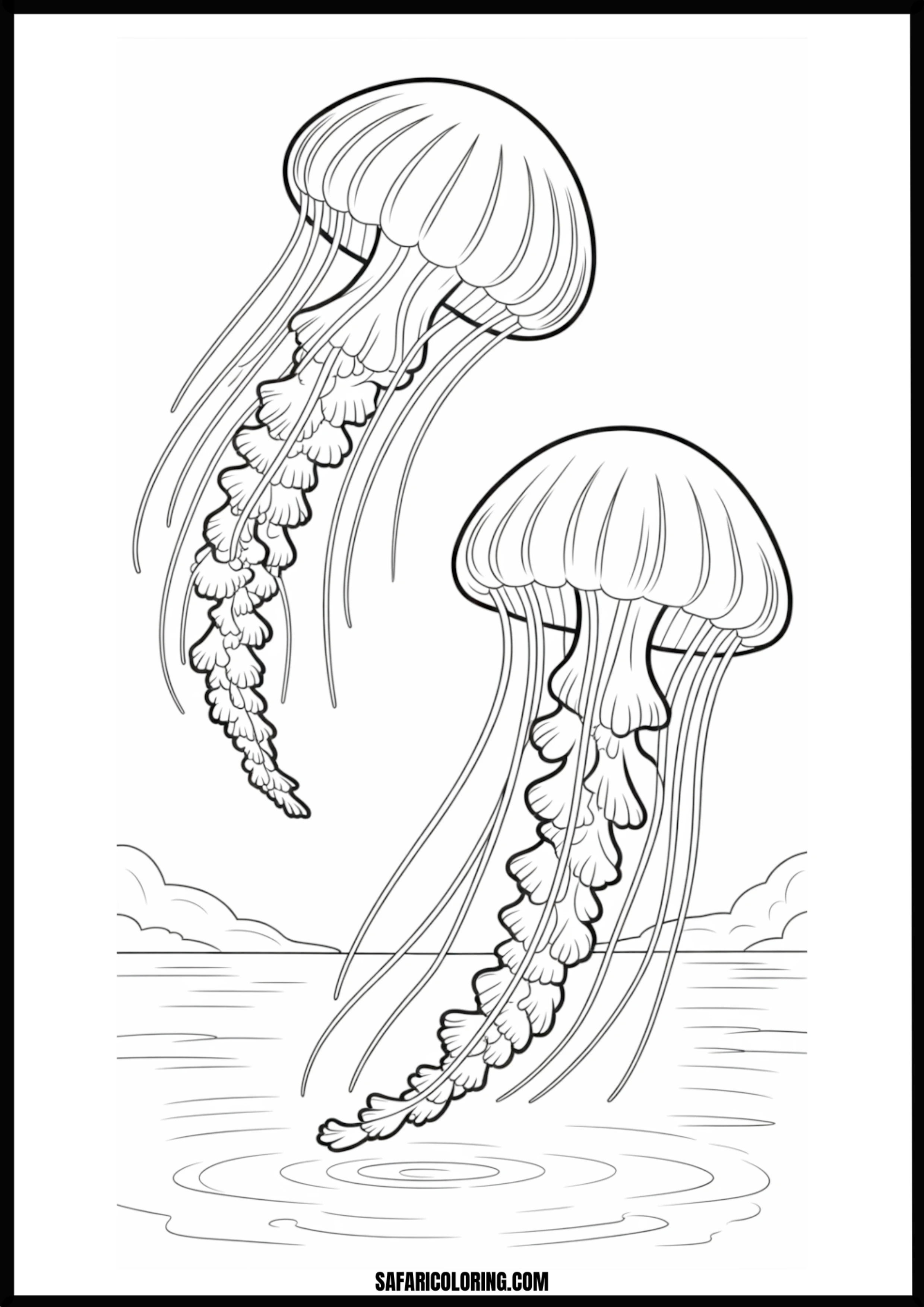 Two Jellyfish Ocean Coloring Page Two jellyfish swimming gracefully in the open ocean.