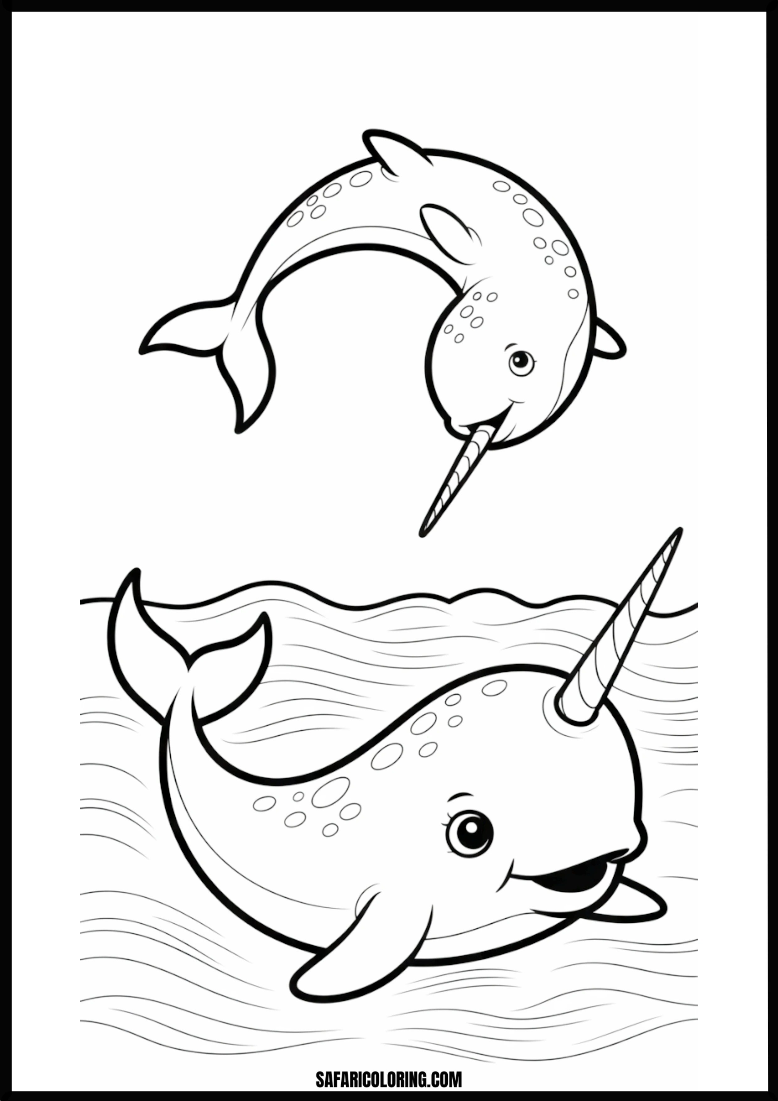 Two Cute Narwhals Swimming Coloring Page Coloring page of two cute narwhals swimming together.