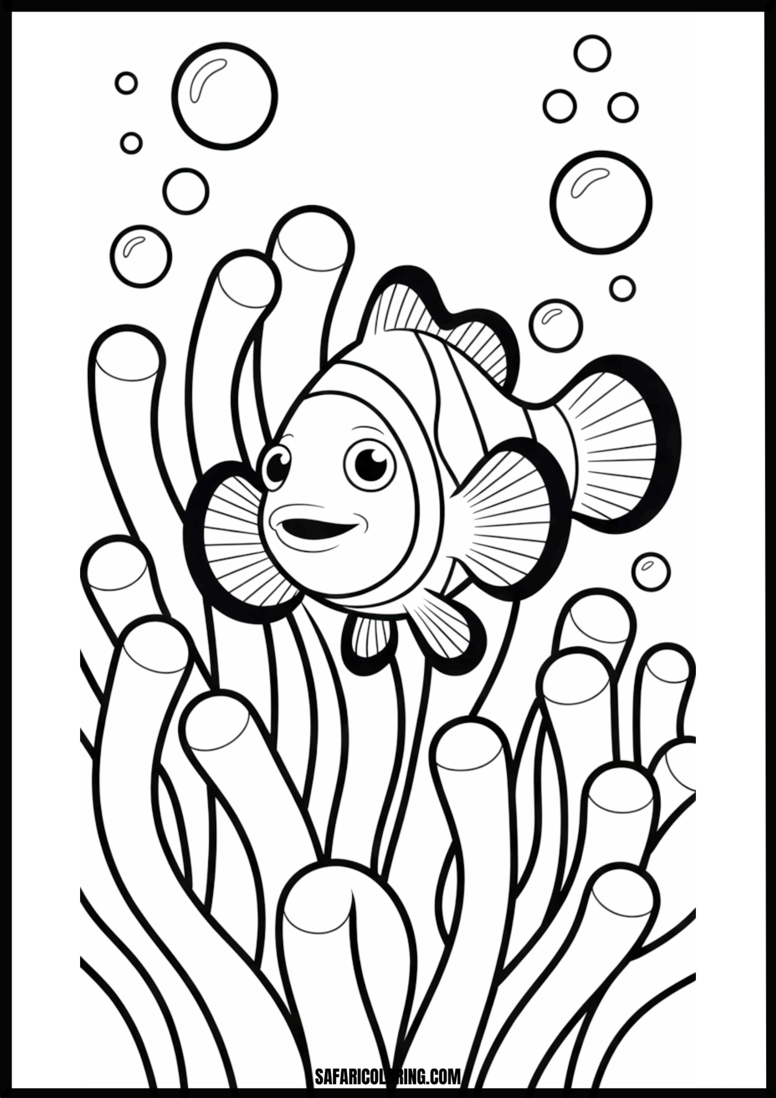 Underwater Clownfish Coloring Page A cute clownfish swimming in its underwater habitat.
