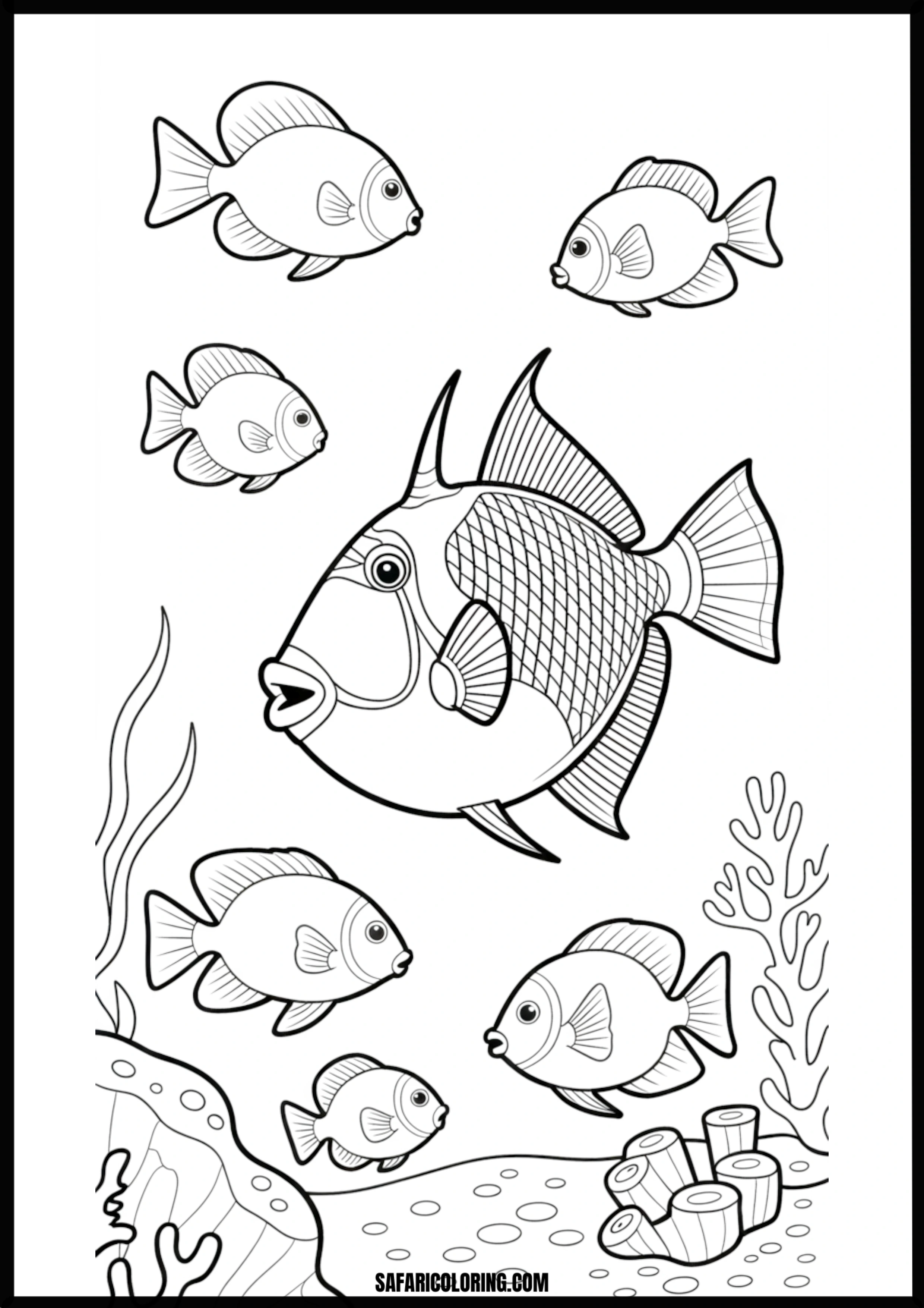Underwater Fish Scene Outline Coloring Page An outline of an underwater fish scene with coral and plants.