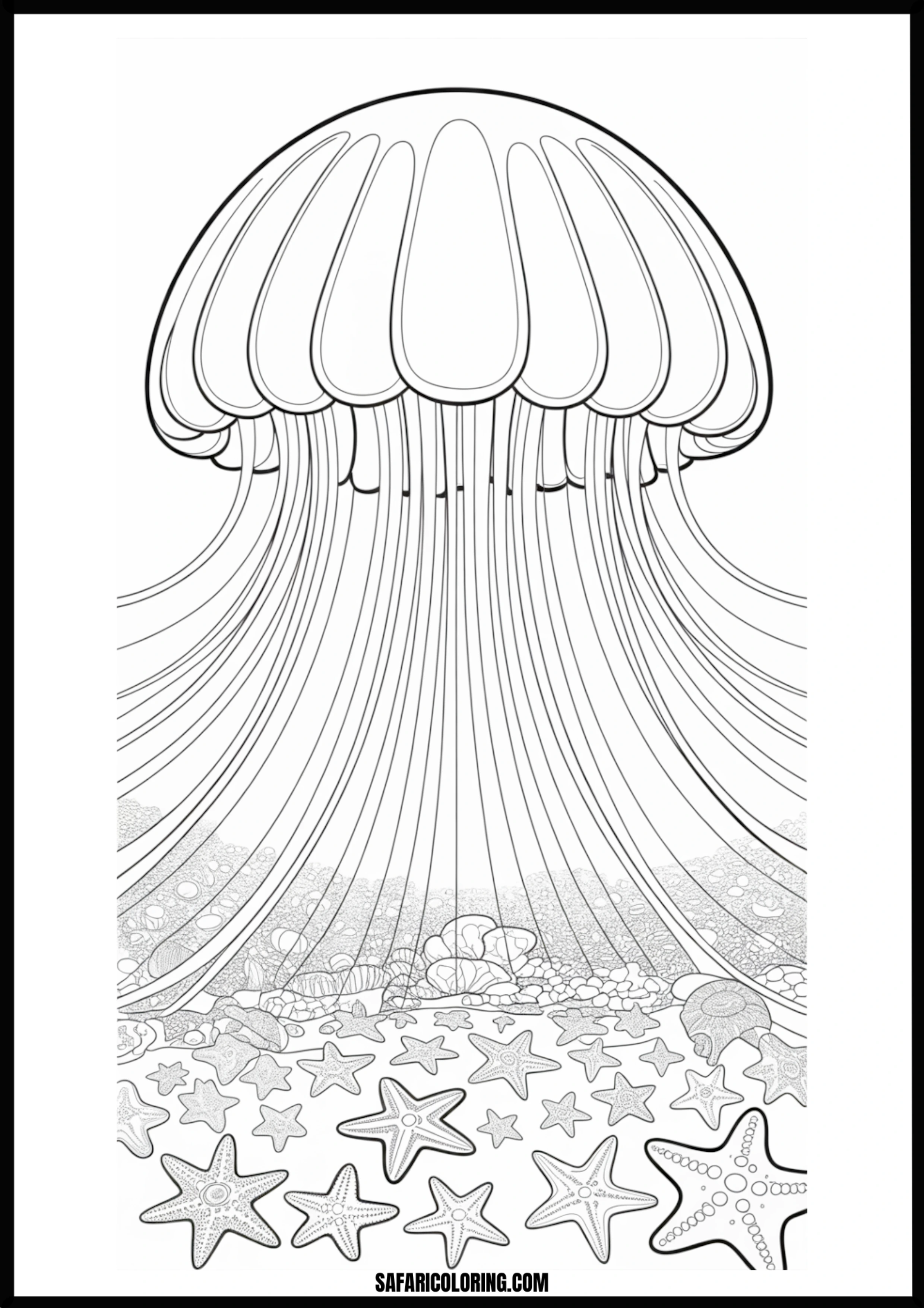Underwater Jellyfish and Starfish Coloring Page Underwater scene with jellyfish and starfish.