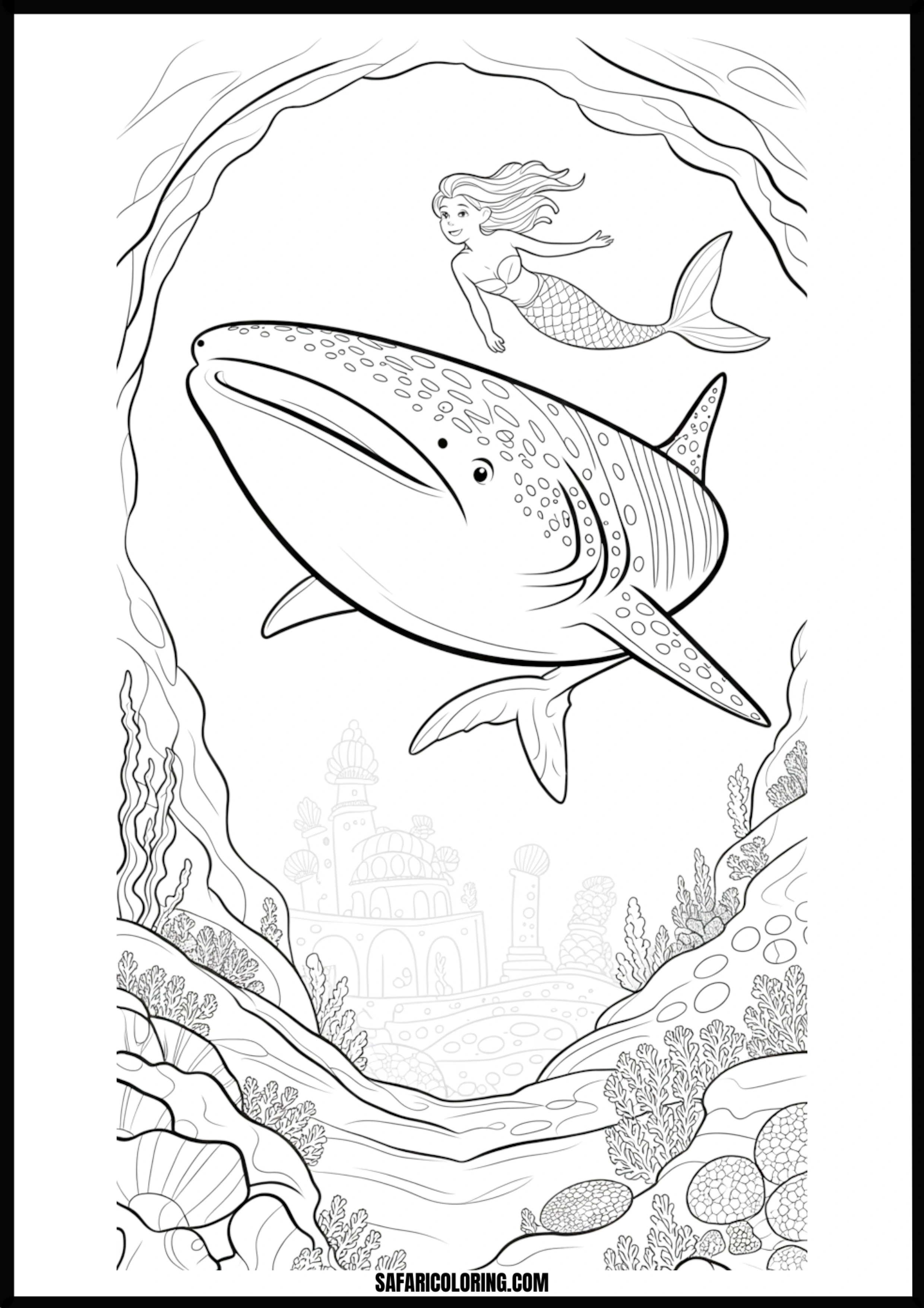 Underwater Mermaid and Whale Shark Coloring Page Underwater mermaid and whale shark