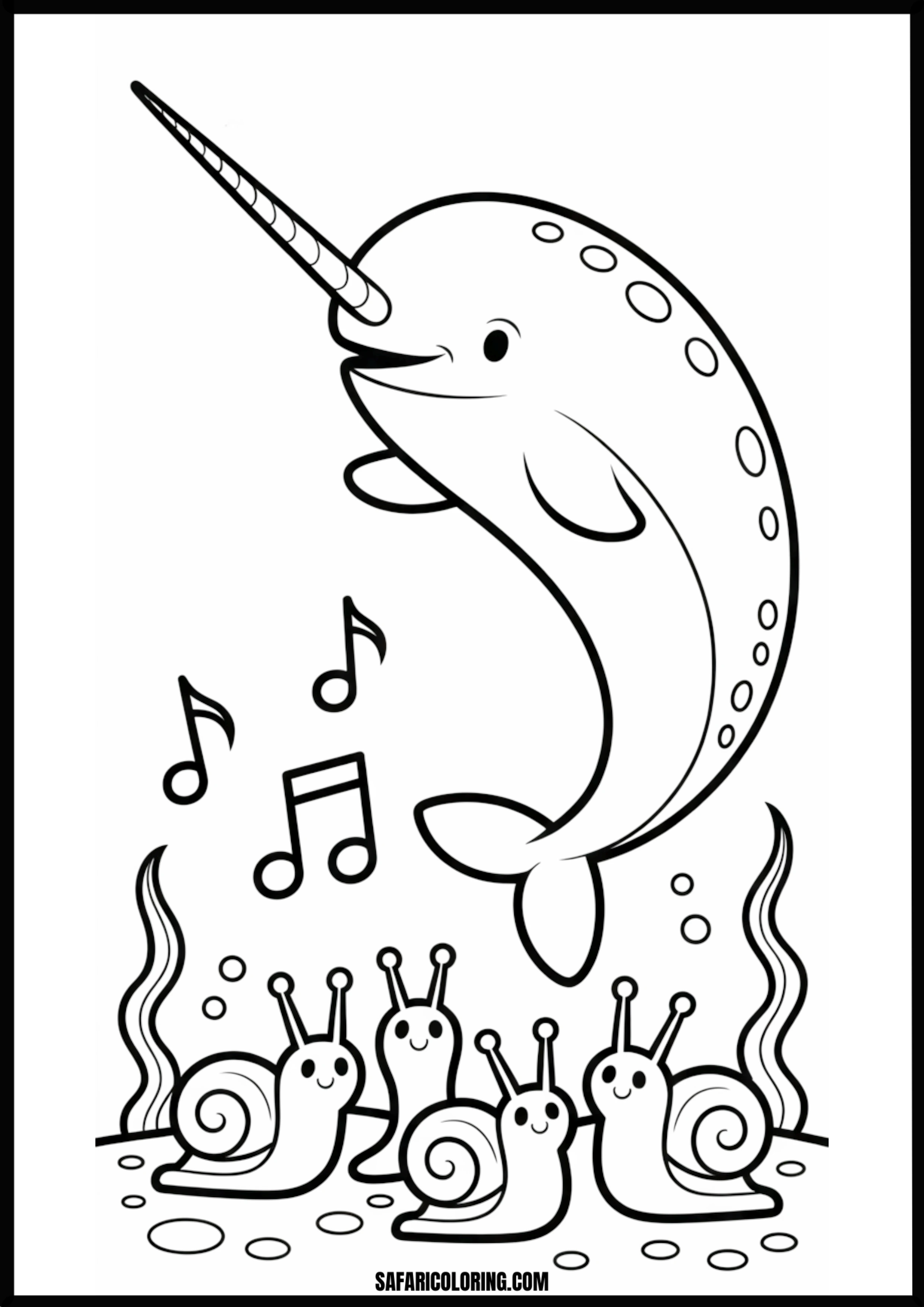 Underwater Narwhal Sings to Smiling Snails Coloring Coloring page of an underwater narwhal singing to smiling snails.