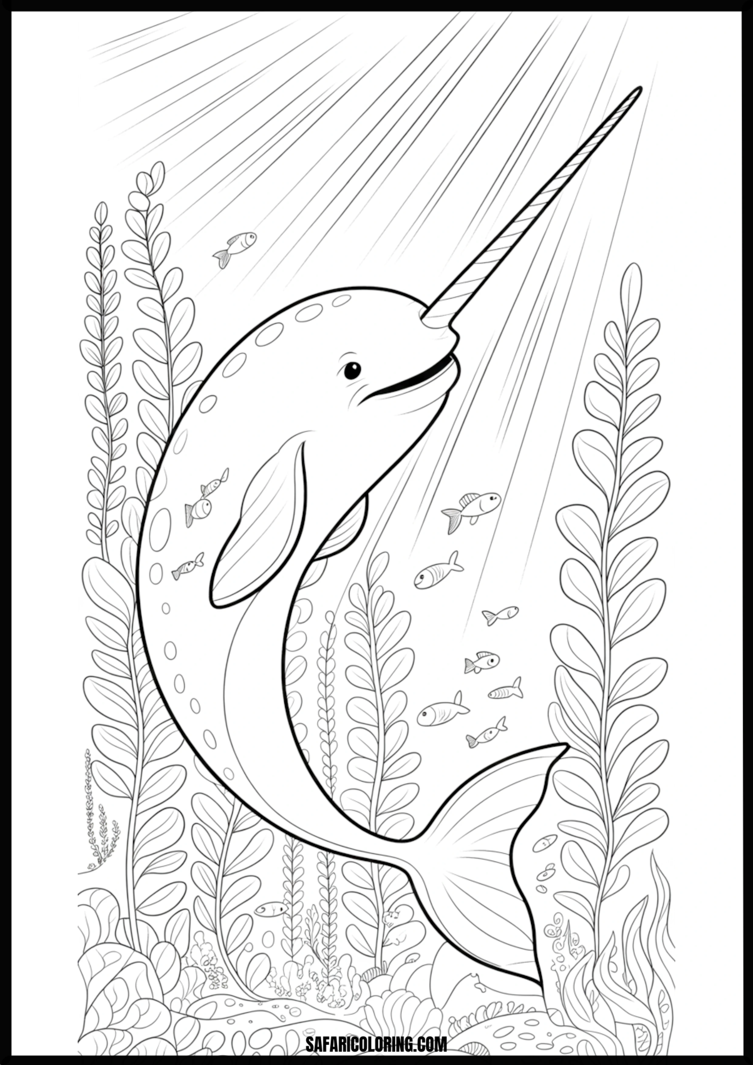 Underwater Narwhal with Fish and Sun Rays Coloring Coloring page of an underwater narwhal with fish and sun rays.