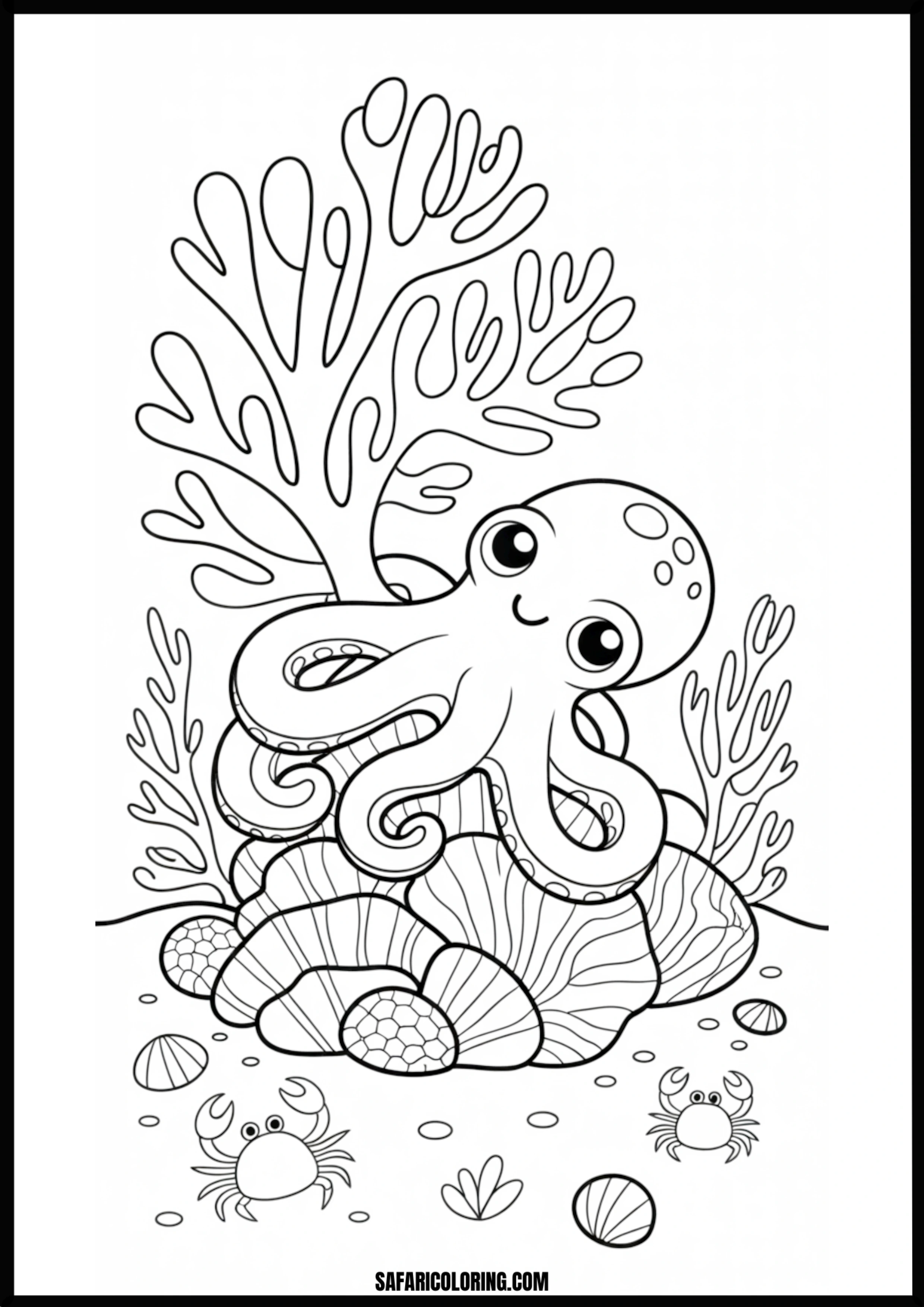 Underwater Octopus and Crabs Coloring Page An octopus interacting with crabs in an underwater scene.