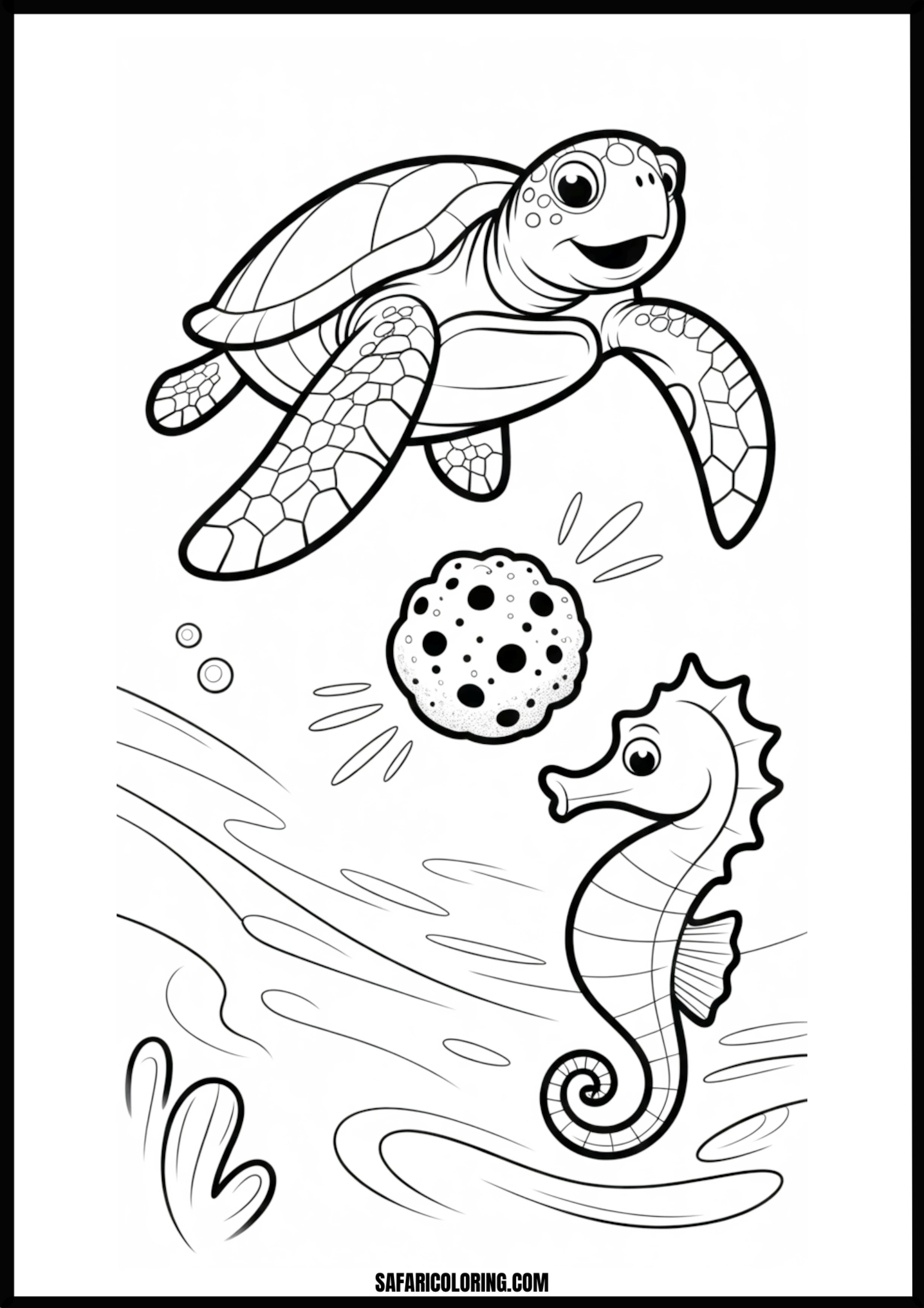 Ocean Friends Coloring Underwater sea turtle with a seahorse
