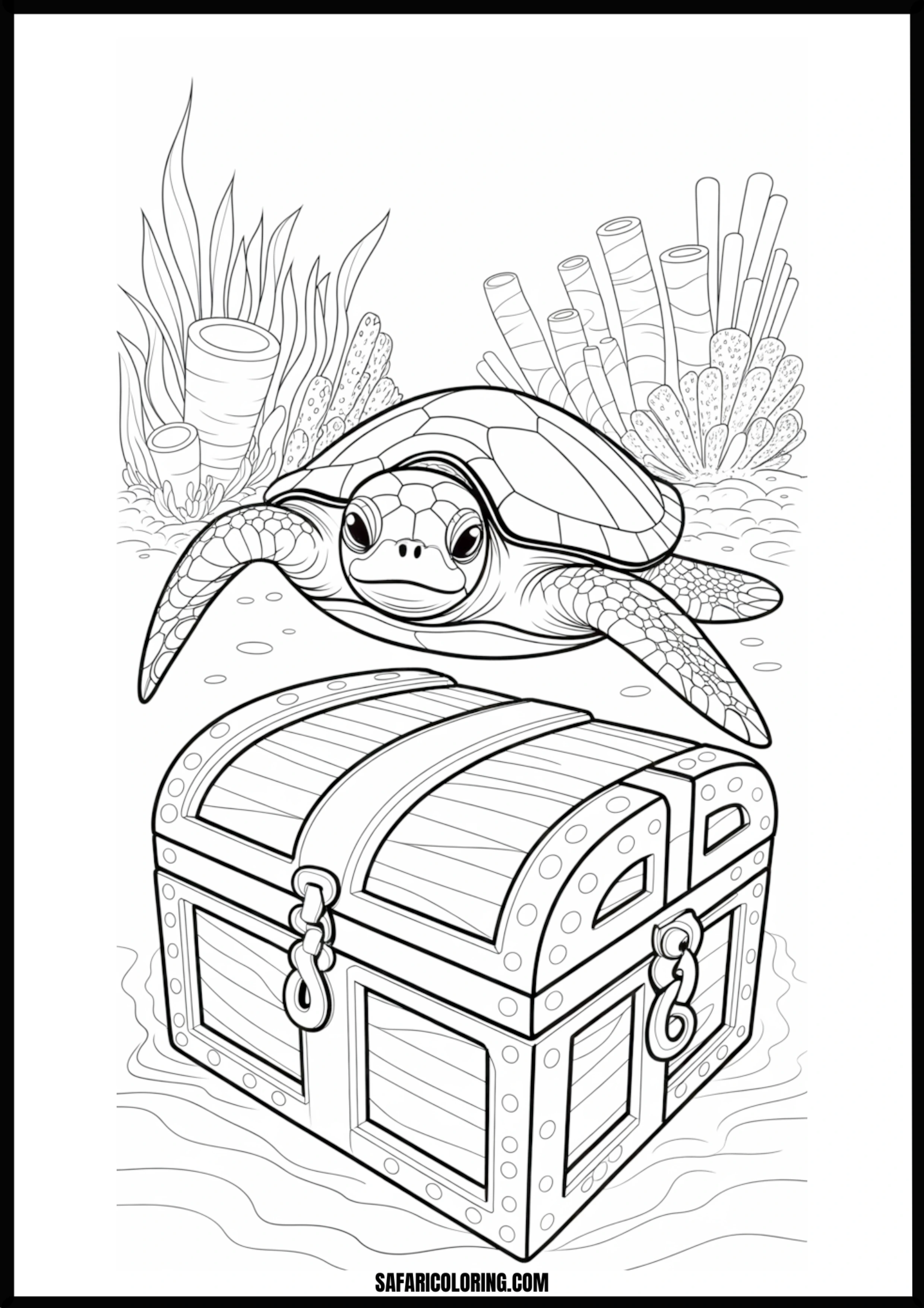Hidden Treasure Turtle Underwater sea turtle near a treasure chest
