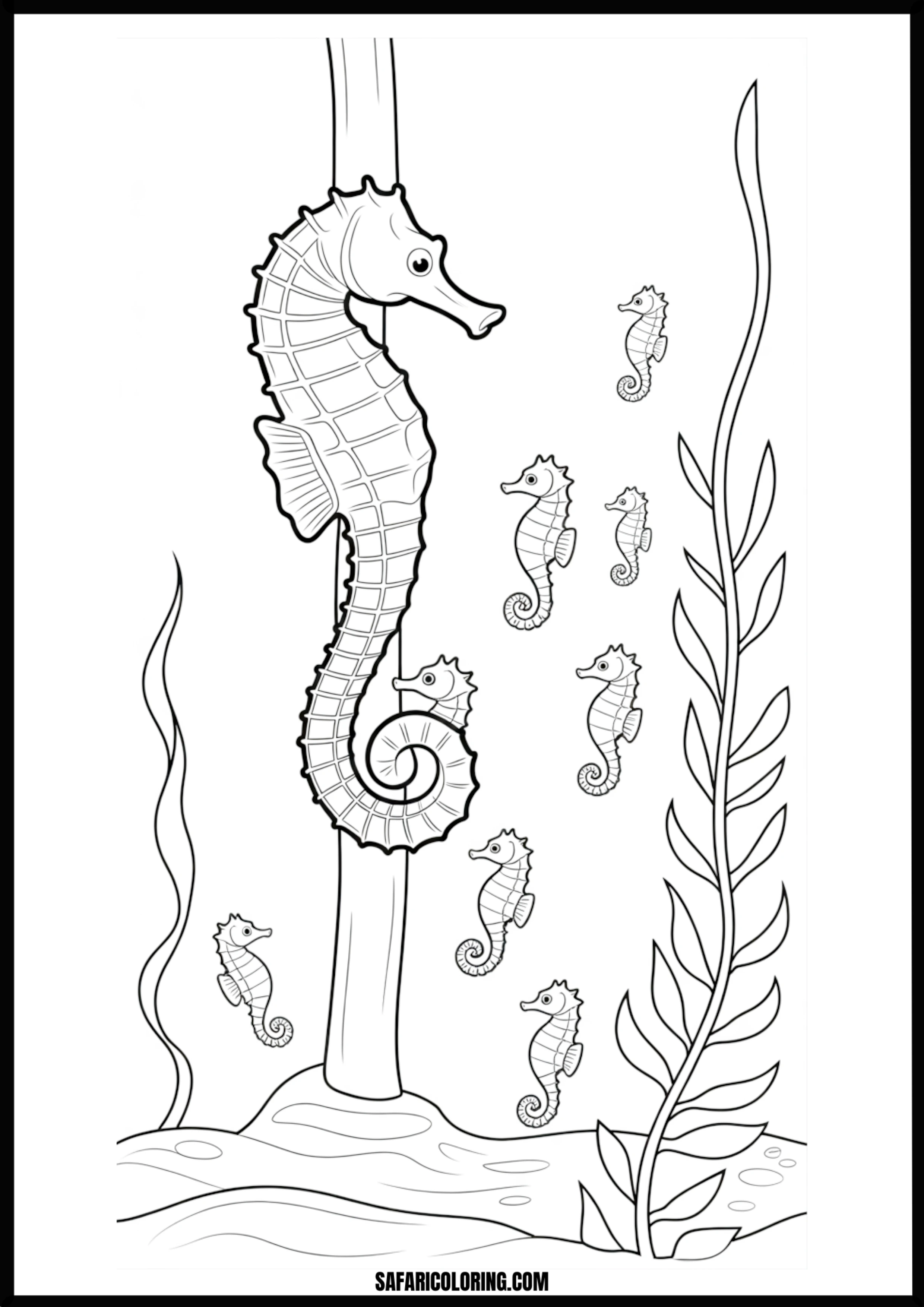 Printable Seahorse Family Coloring page of an underwater seahorse family.