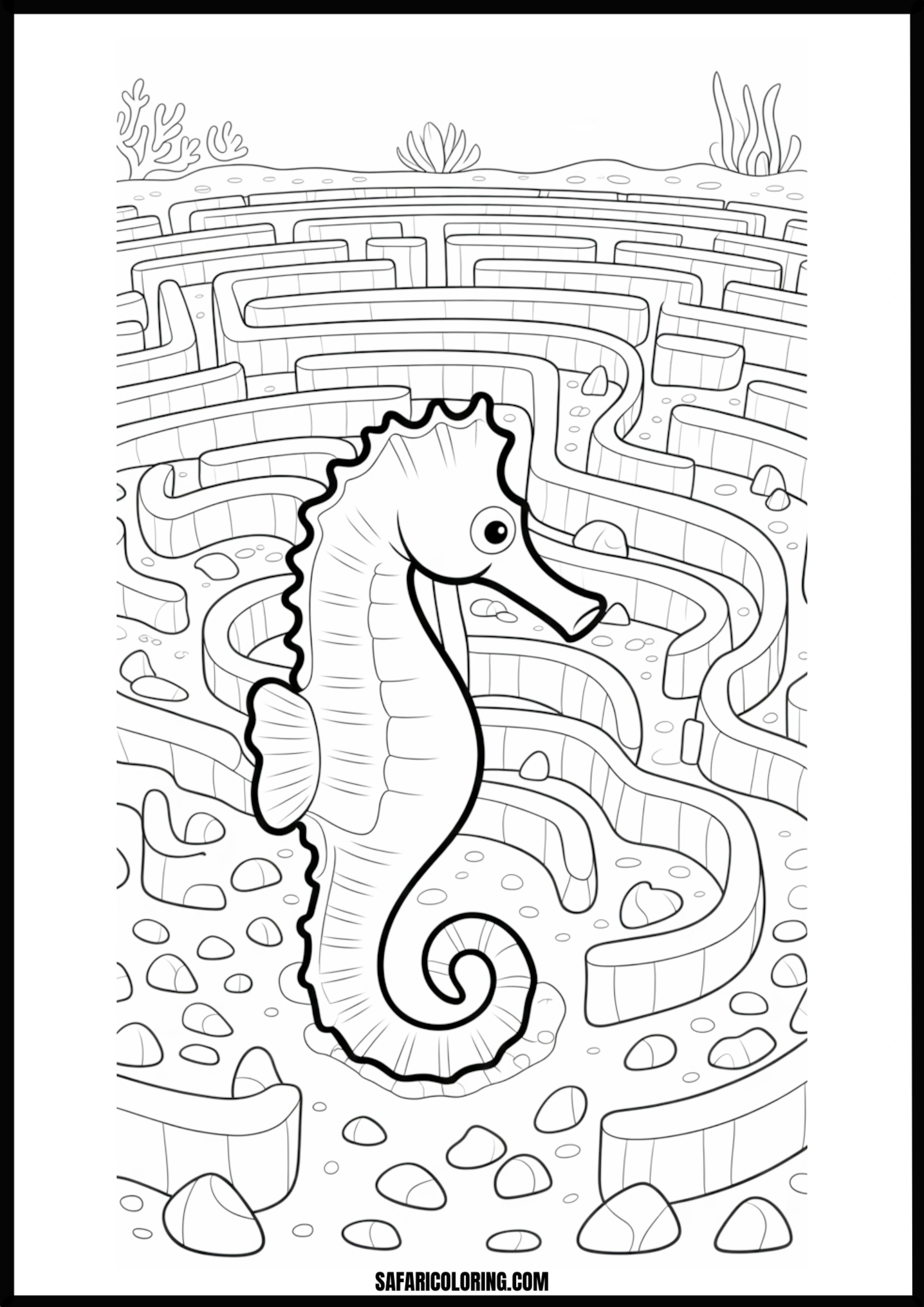 Printable Seahorse Maze Coloring page of an underwater seahorse maze.