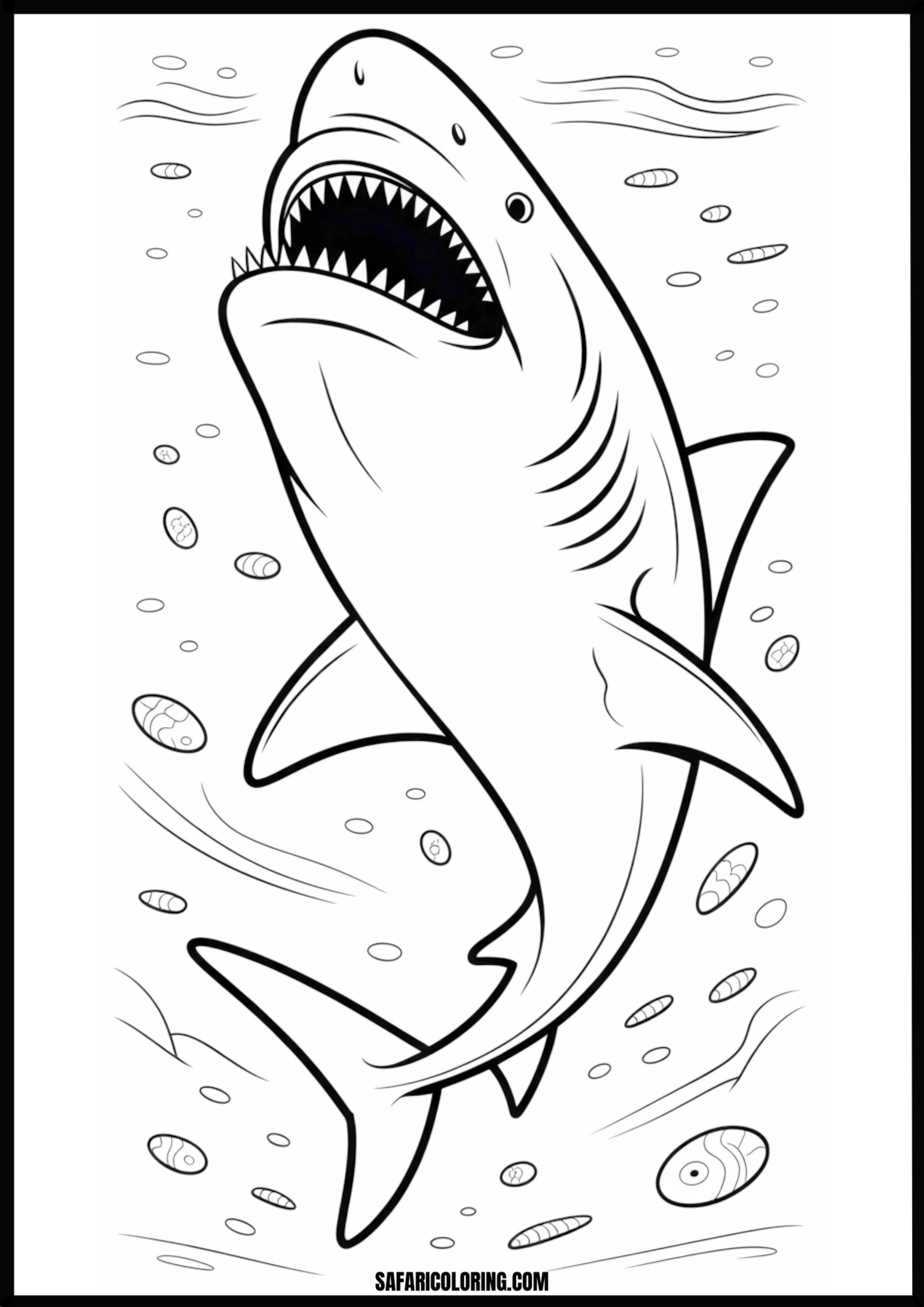 Underwater Shark Open Mouth Coloring Page A shark with its mouth wide open, showing sharp teeth underwater.