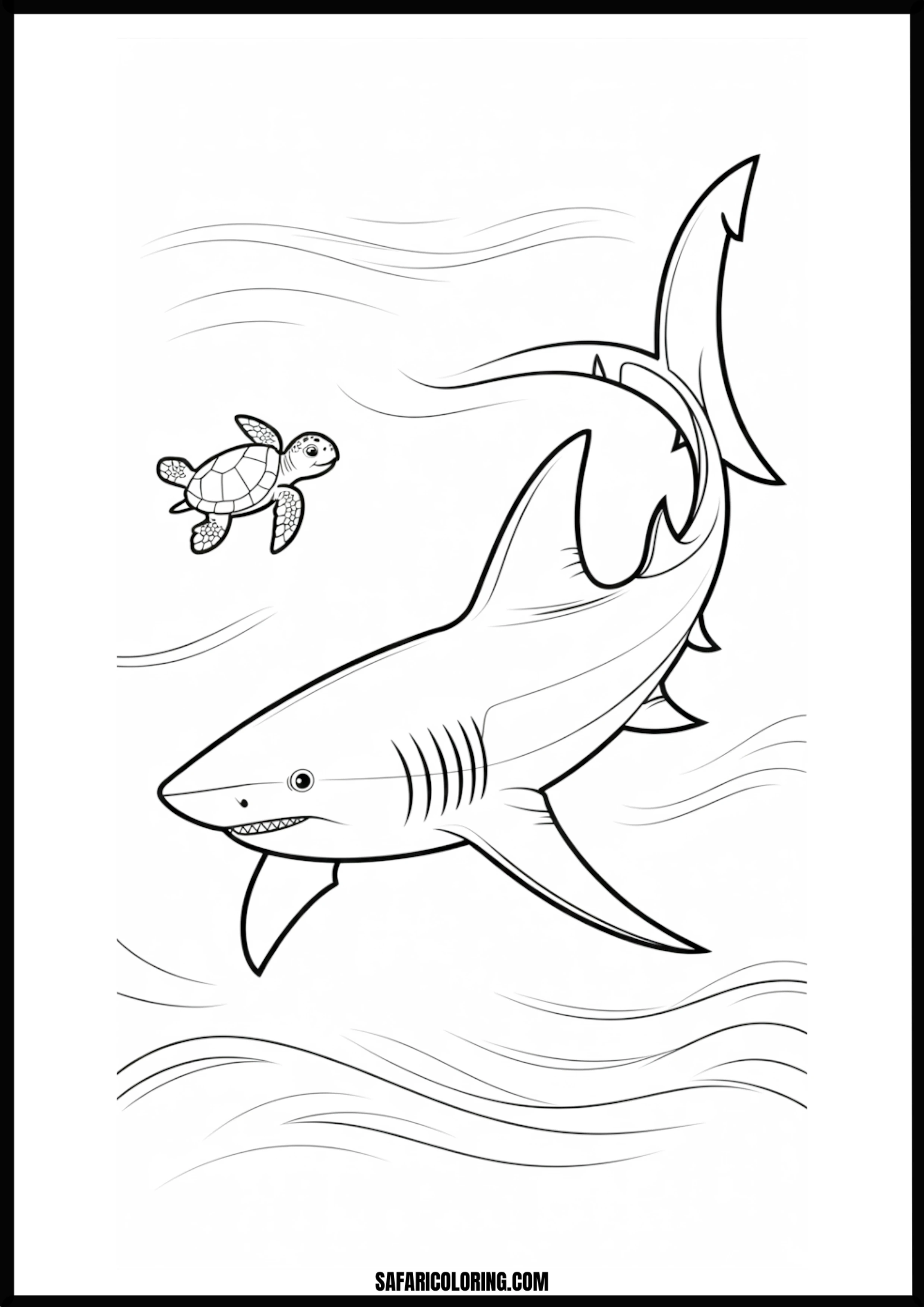 Underwater Shark and Turtle Coloring Page Underwater shark and turtle swimming together