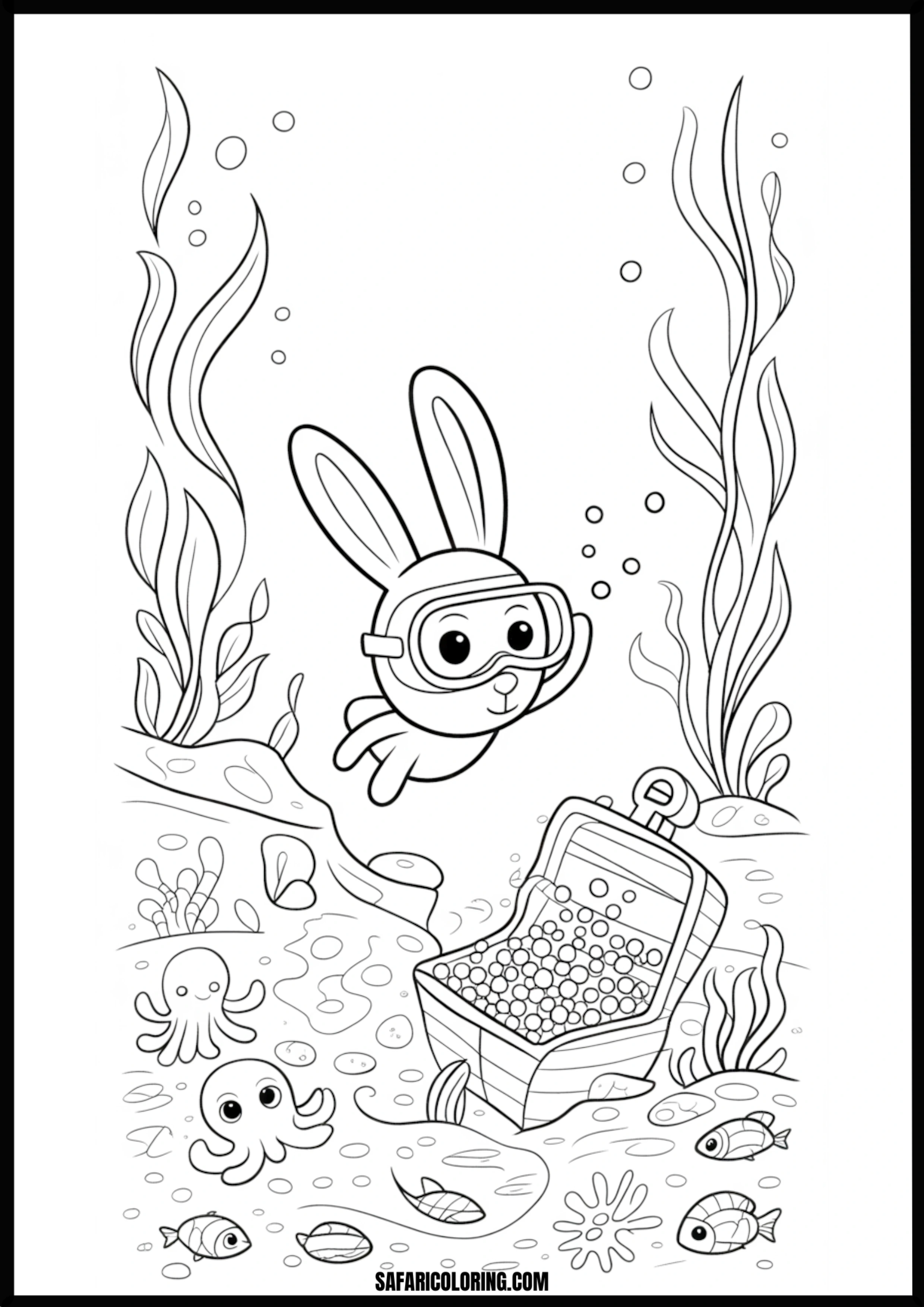 Cartoon bunny underwater discovering a pearl treasure chest.
