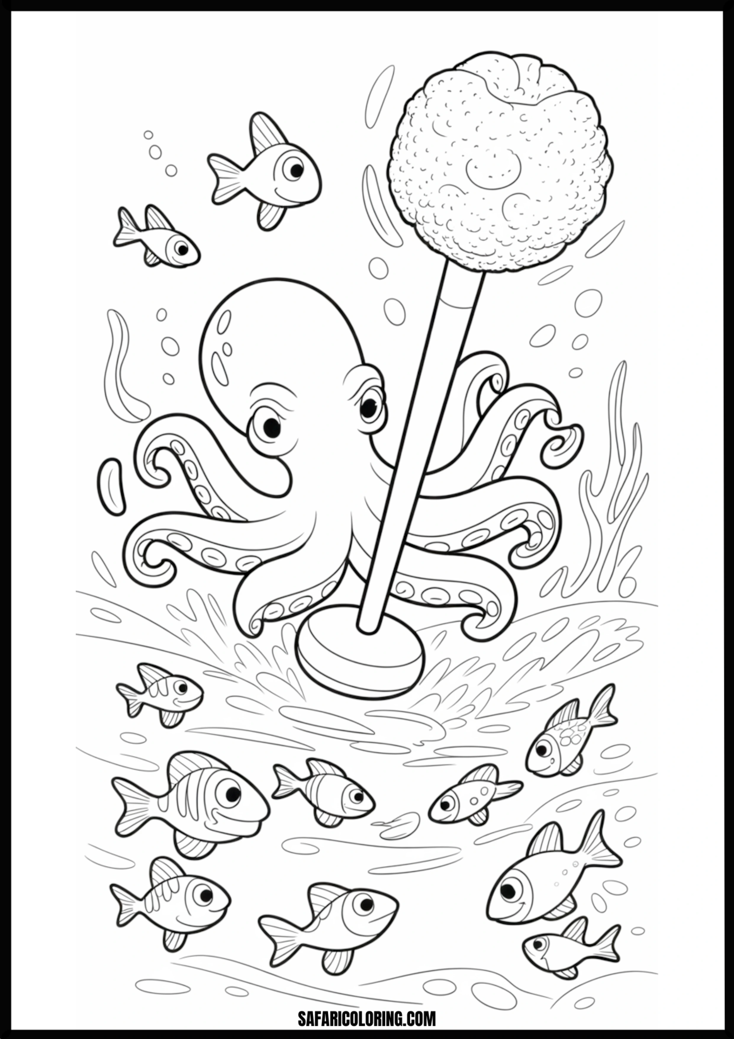 Underwater Concert Octopus & Fish Printable Coloring Sheet An outline drawing of a octopus fish for coloring.