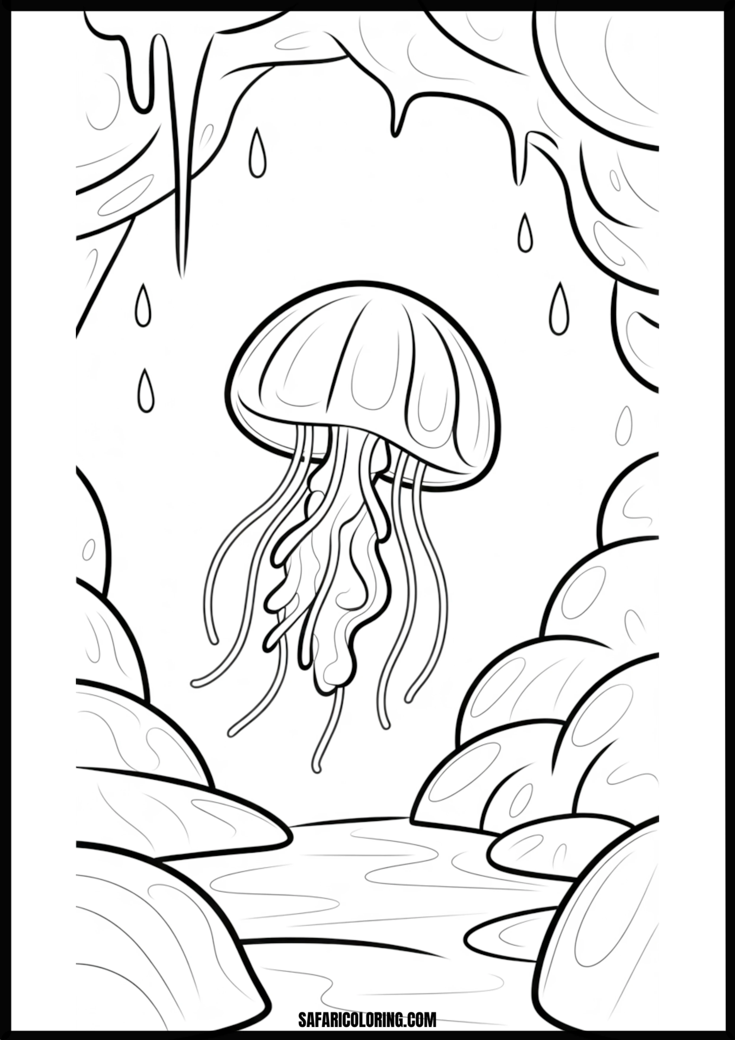 Underwater Jellyfish in a Grotto with Water Drops Coloring Page Graceful jellyfish in an underwater grotto with water drops.