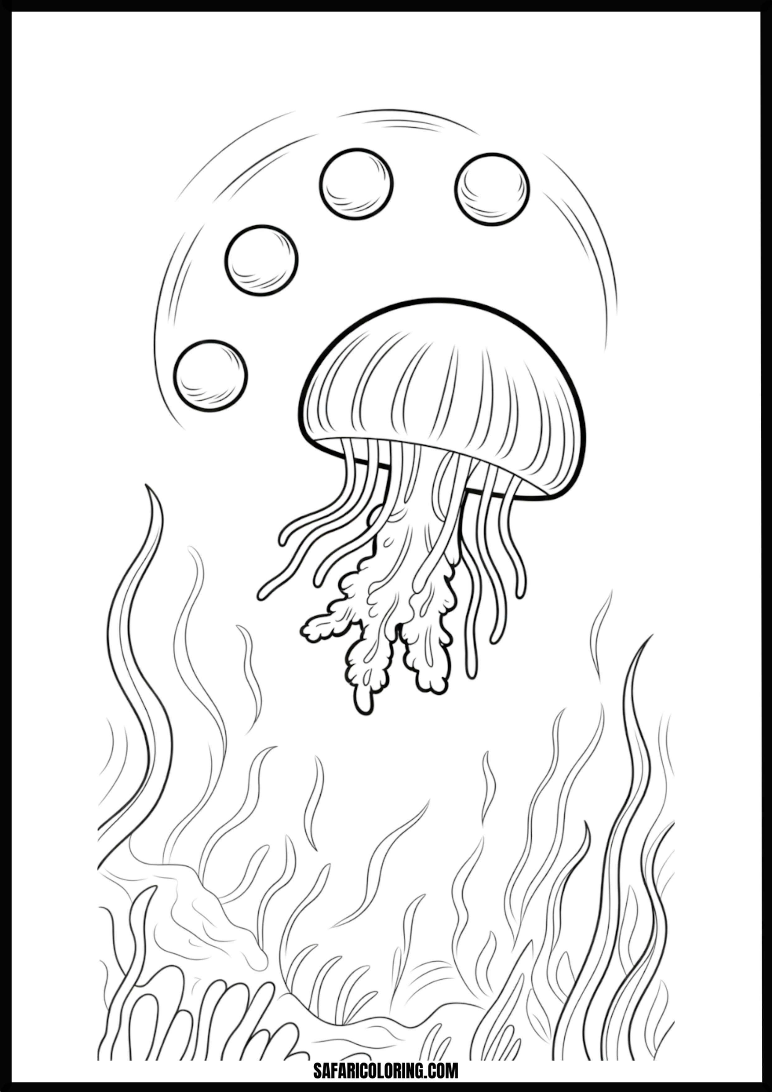 Underwater Jellyfish with Bubbles Coloring Page Underwater jellyfish gracefully floating with bubbles.