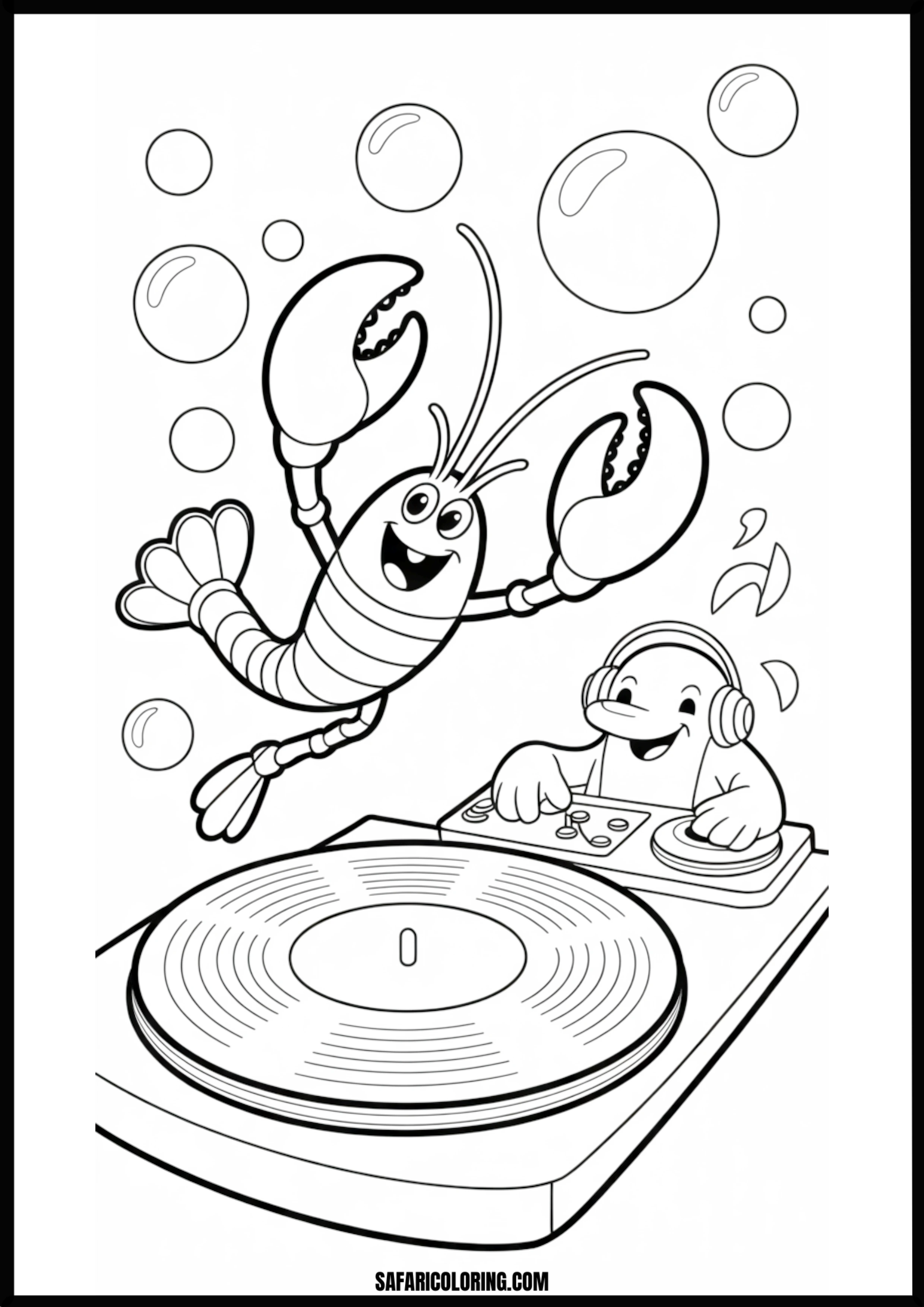 Color the Underwater Music Party An underwater music party with a lobster and DJ.