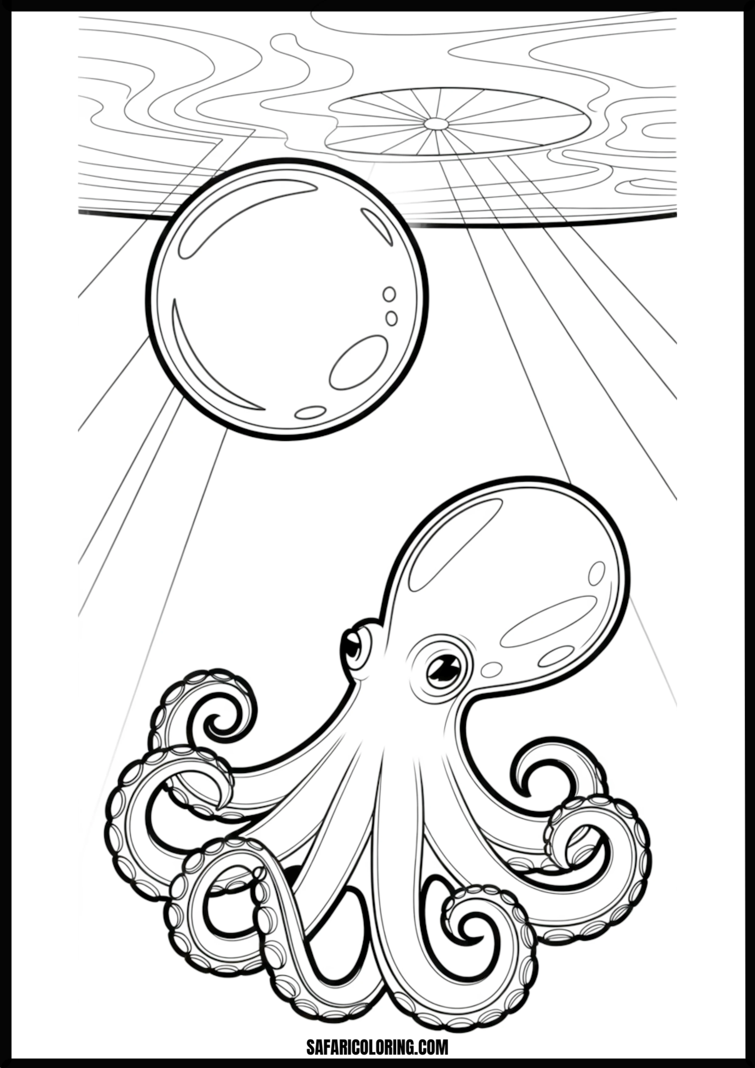 Underwater Octopus & Bubble With Light Rays Printable Coloring Sheet An outline drawing of a octopus bubbles for coloring.