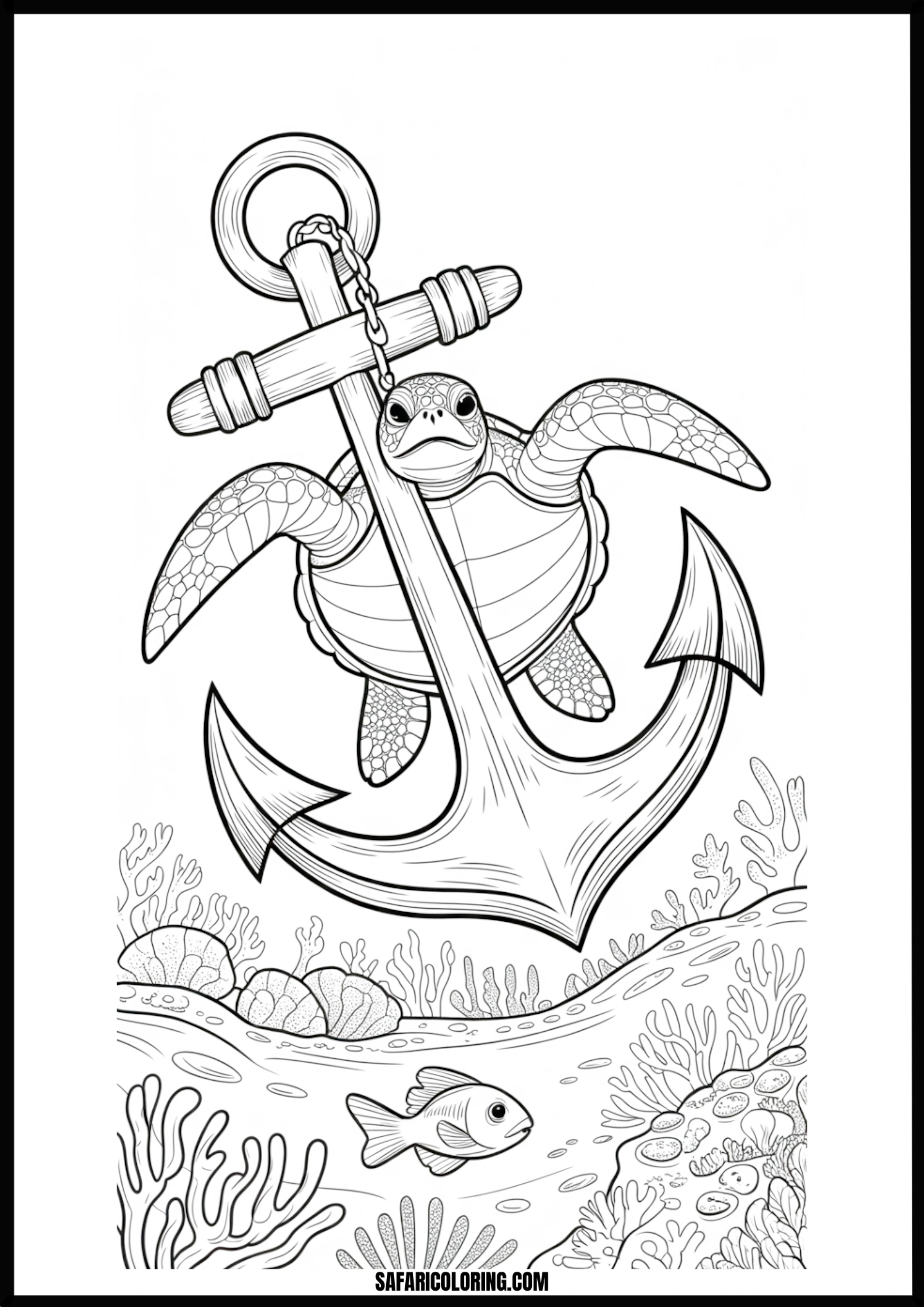Marine Life Collection Underwater turtle with an anchor and fish