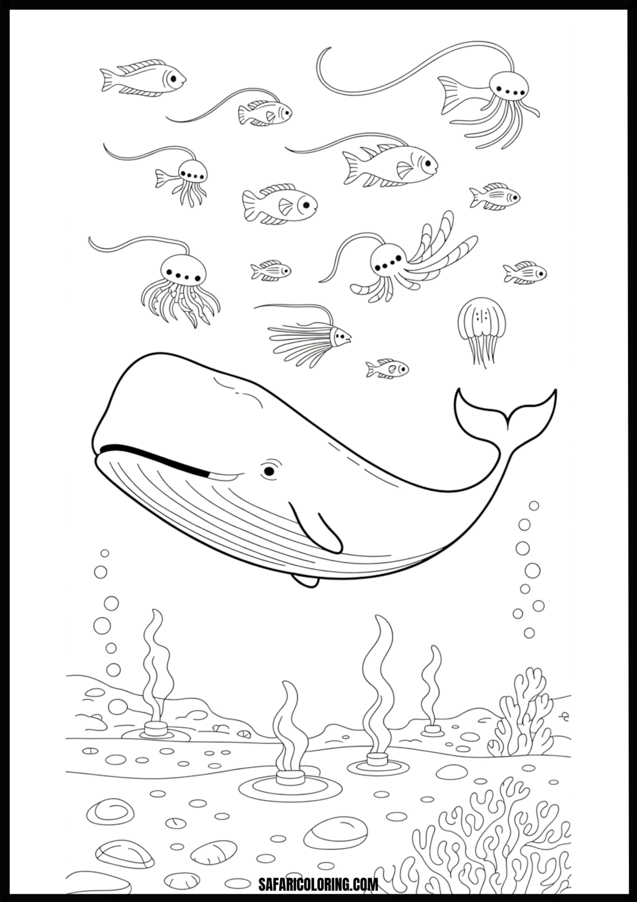 Underwater Whale and Ocean Creatures Coloring Page Coloring page of an underwater whale with various ocean creatures.
