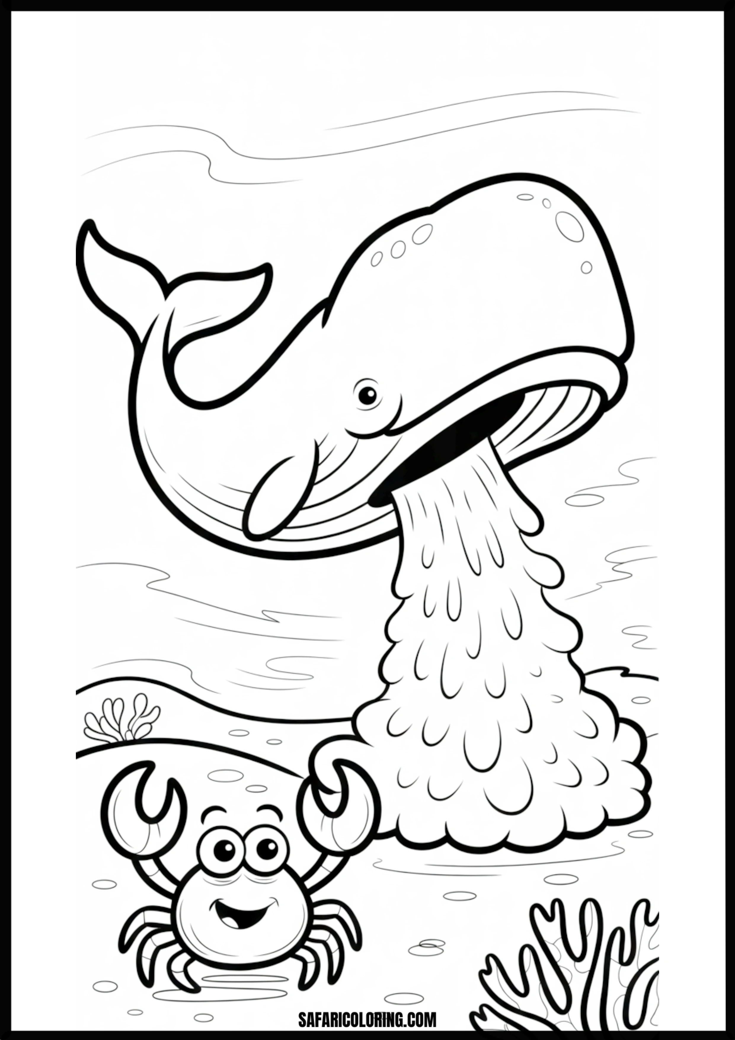 Whale Spouting Near Smiling Crab Underwater Coloring Coloring page of an underwater whale spouting near a smiling crab.